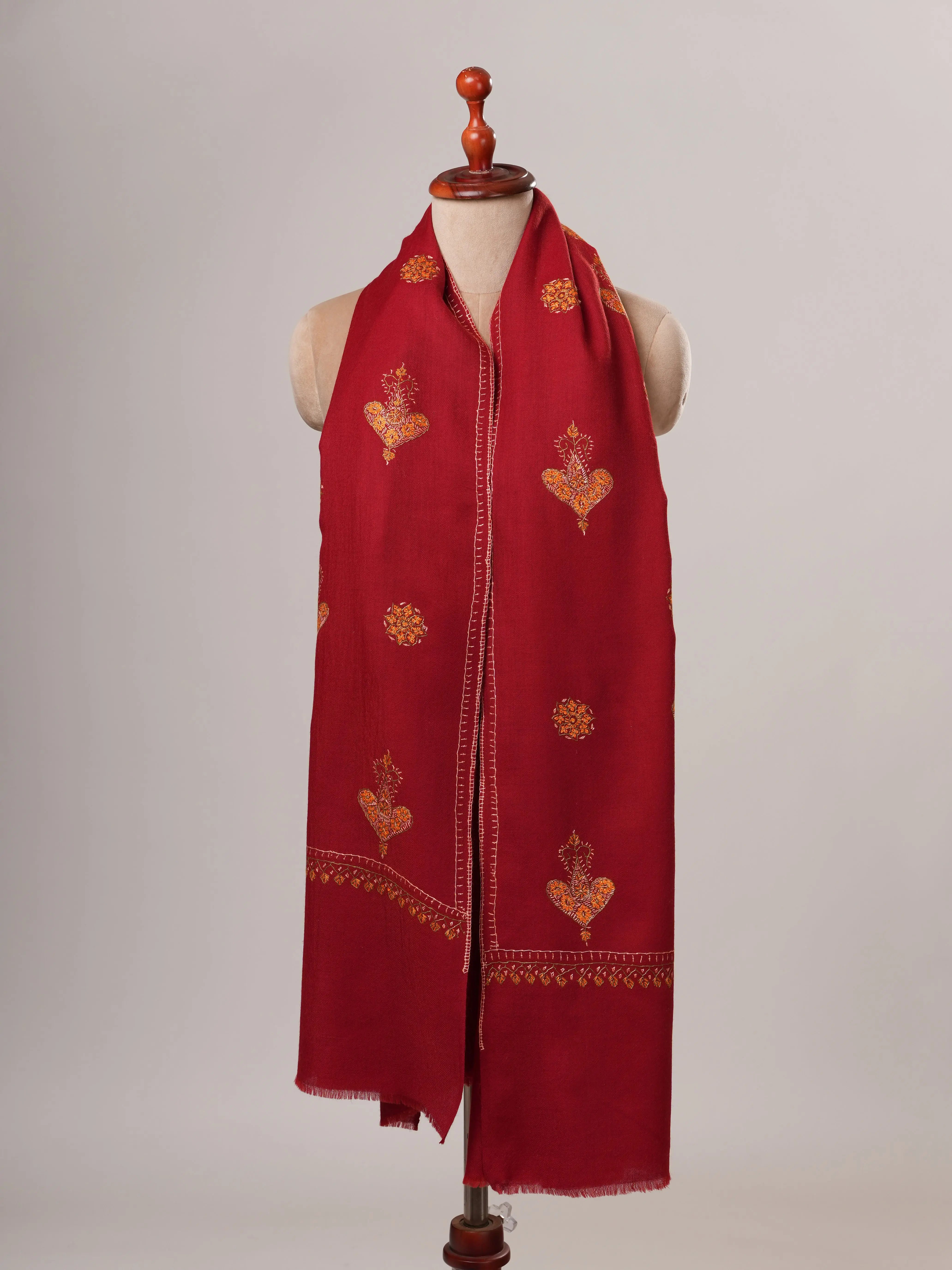 Maroon Buti Hand Embroidered Fine Wool Indian Shawl Shahkaar