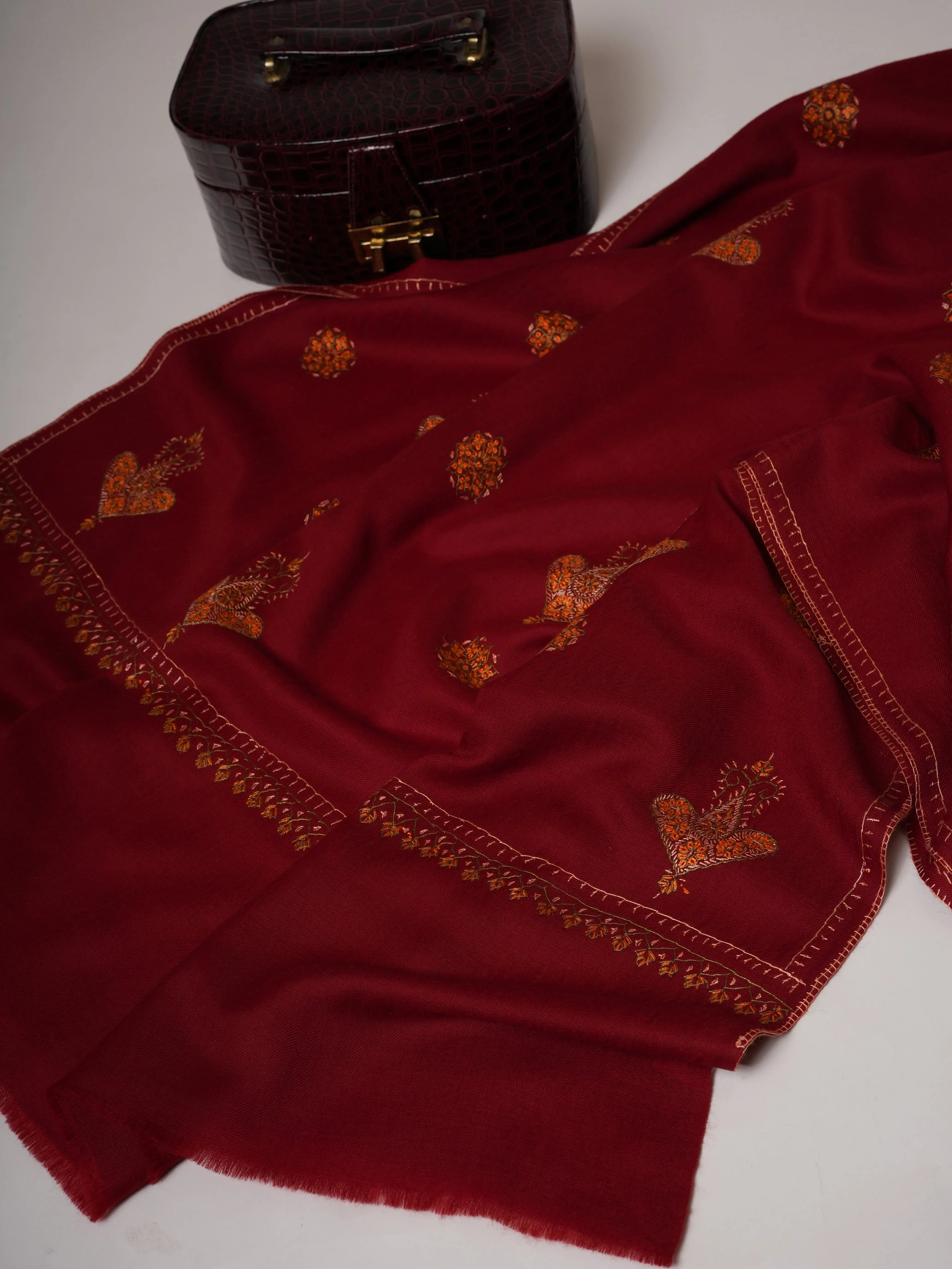 Maroon Buti Hand Embroidered Fine Wool Indian Shawl Shahkaar