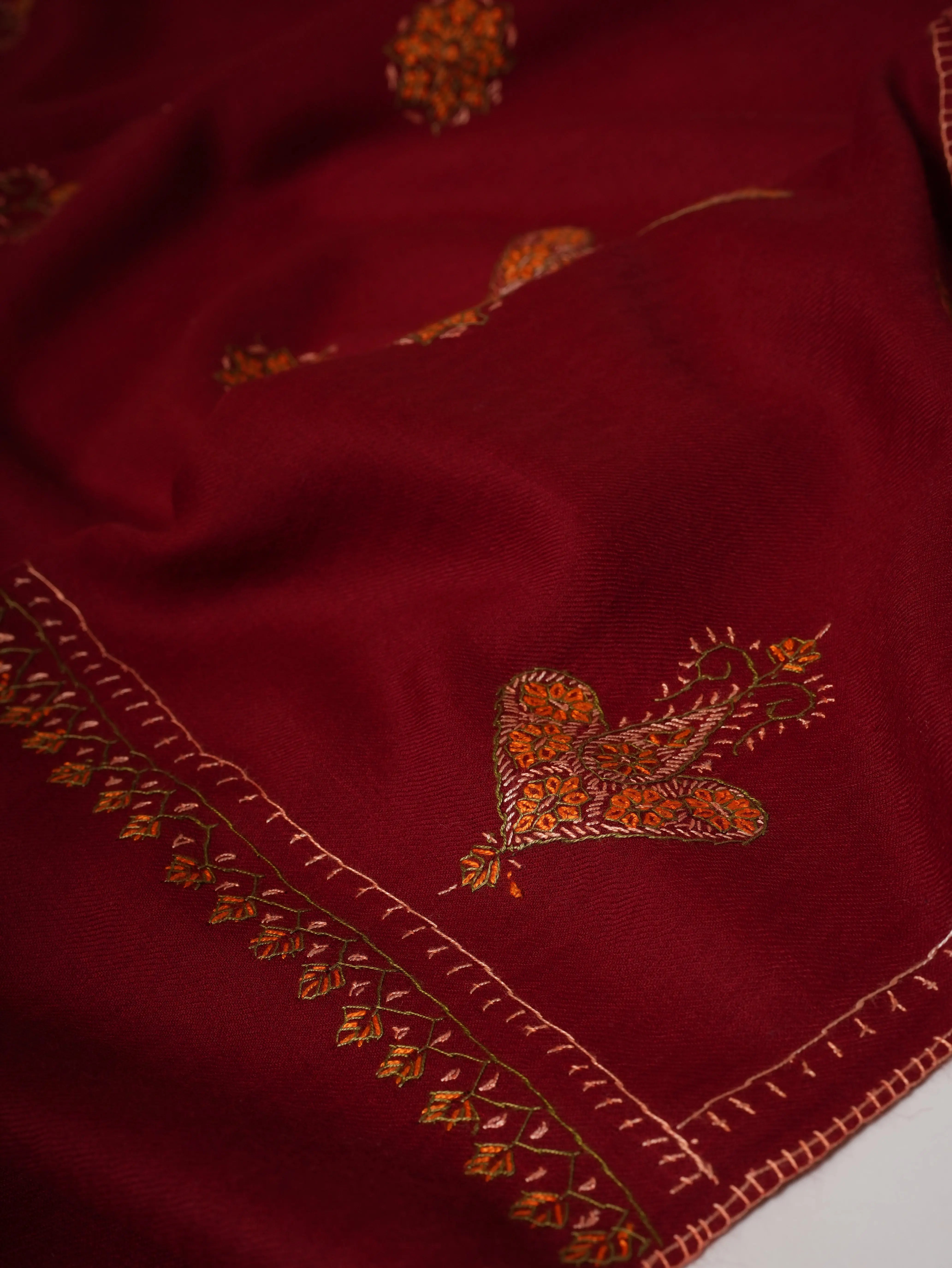 Maroon Buti Hand Embroidered Fine Wool Indian Shawl Shahkaar