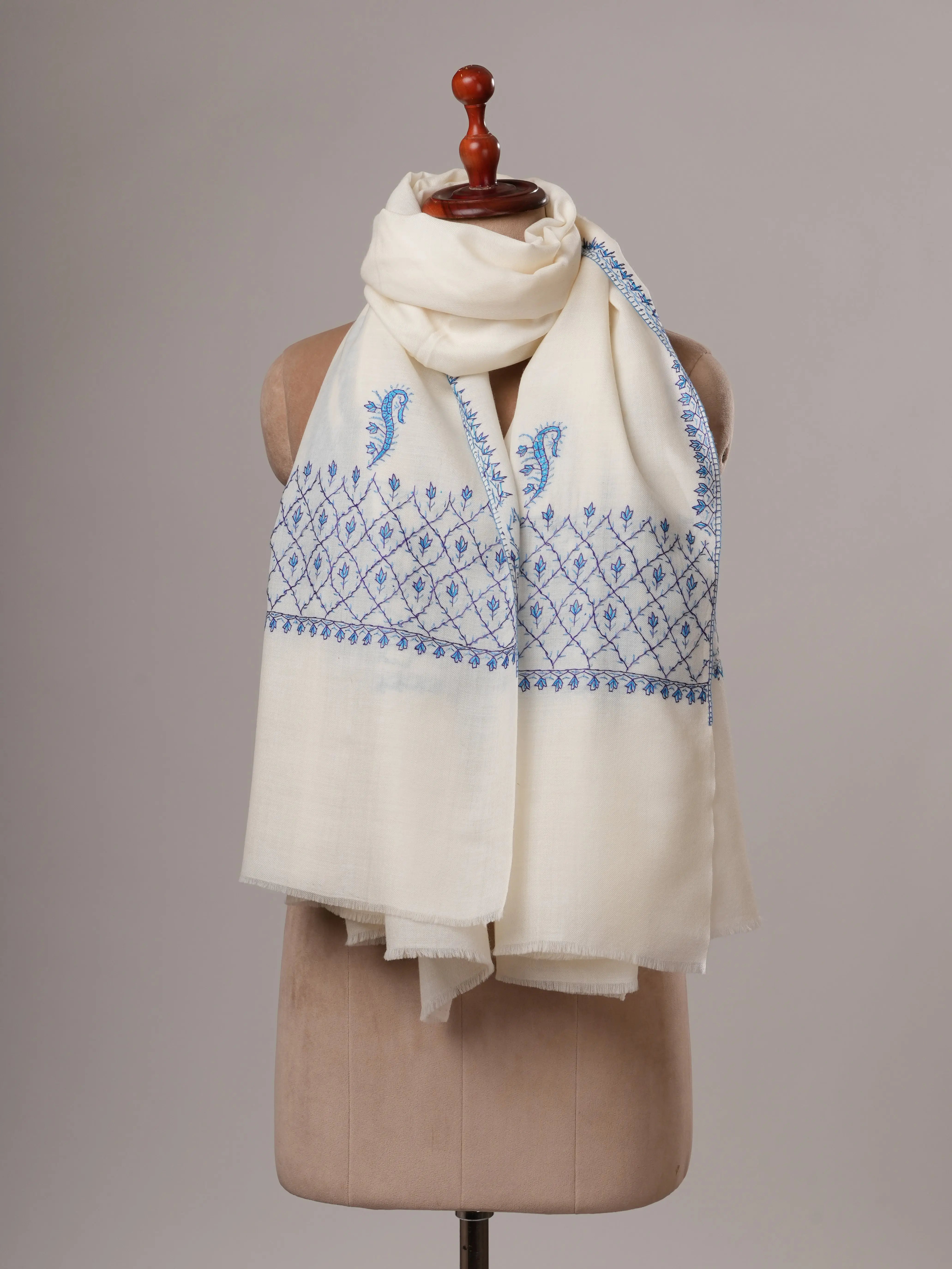 White Fine Wool Hand Embroidered Palla Kashmiri Shawl Shahkaar