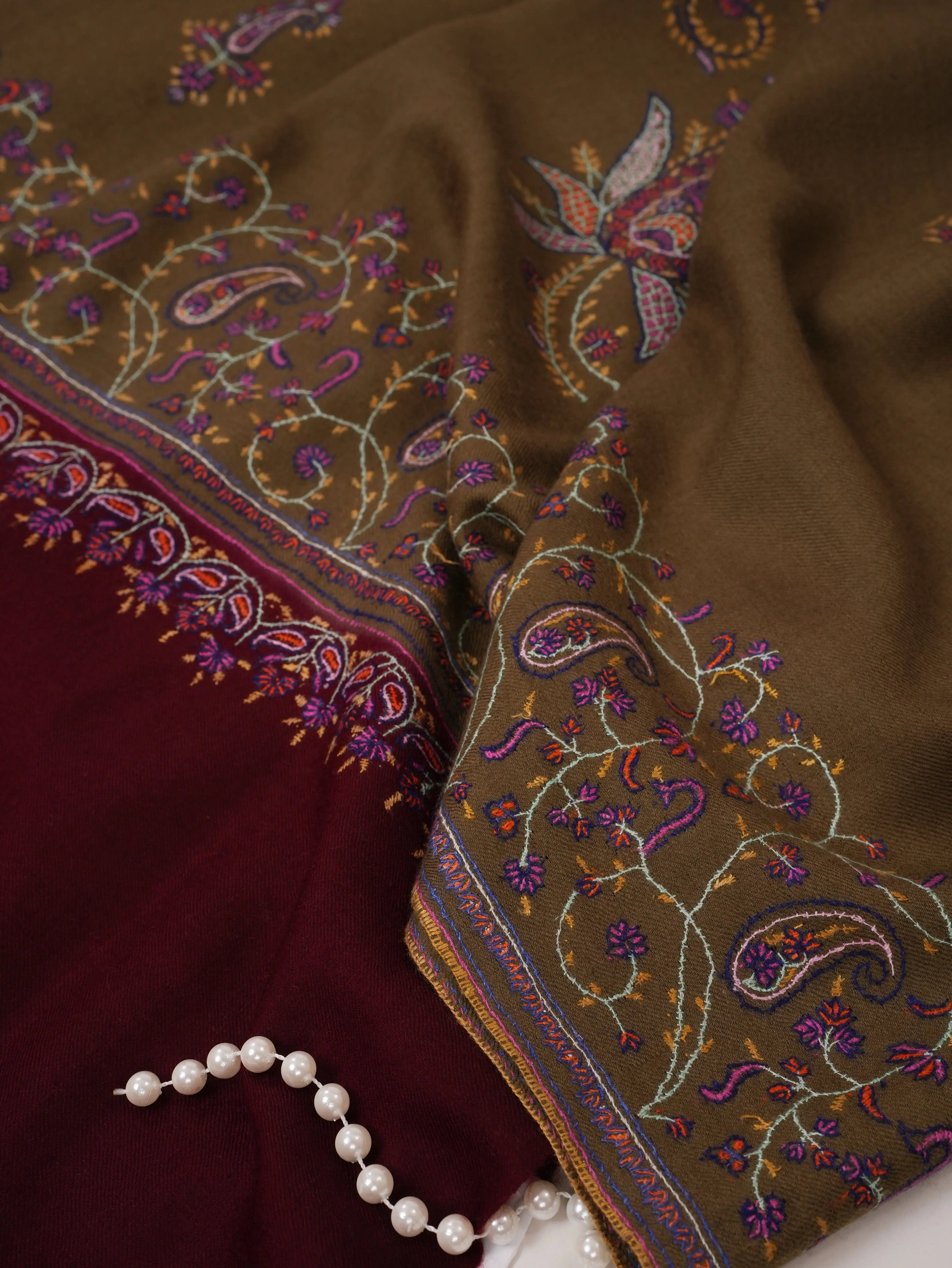Pure Pashmina Shawl with Delicate Sozni Hand Embroidery Shahkaar.com