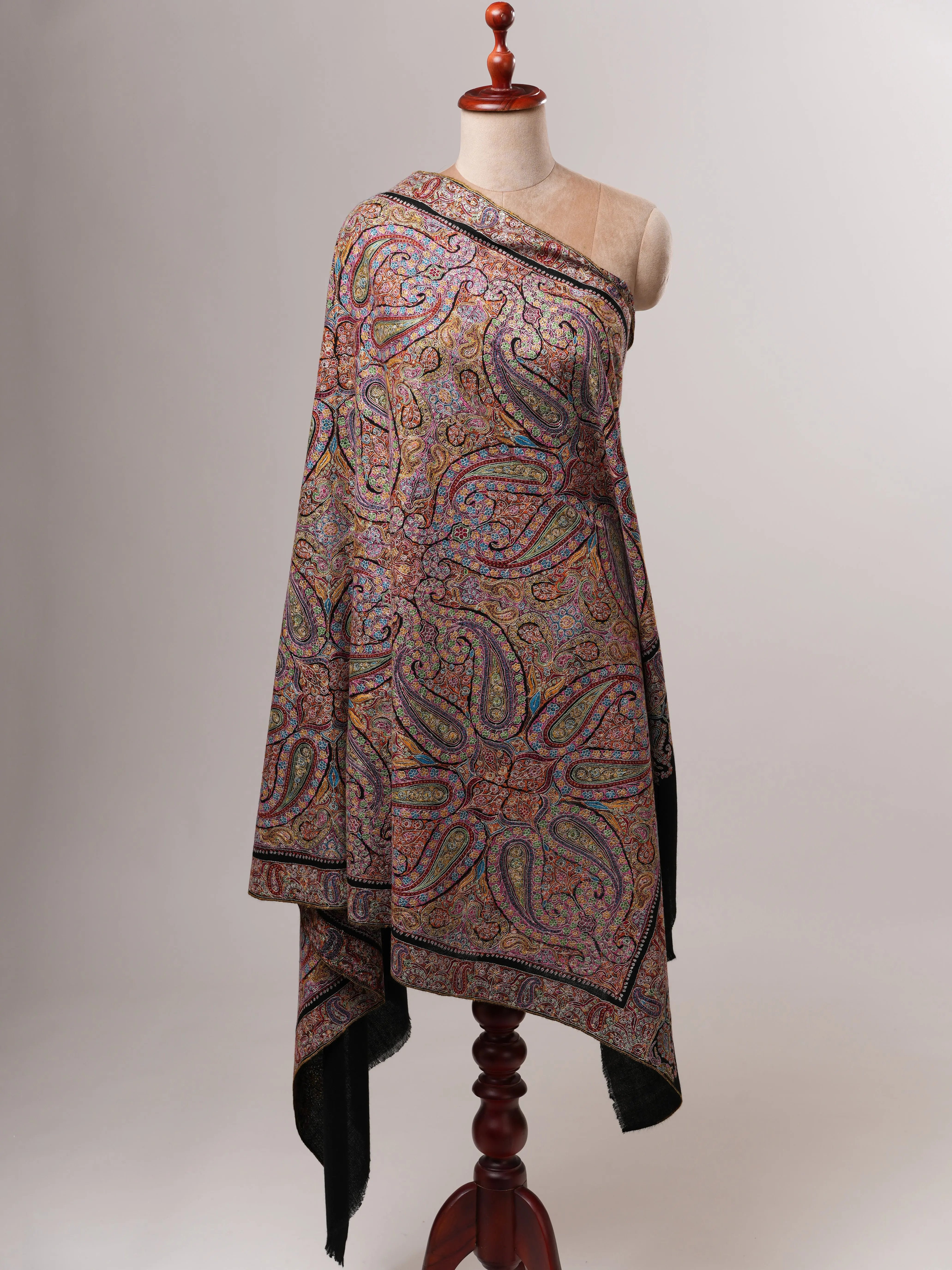 Handwoven Black Pashmina Shawl with Detailed Jamavar Embroidery Shahkaar