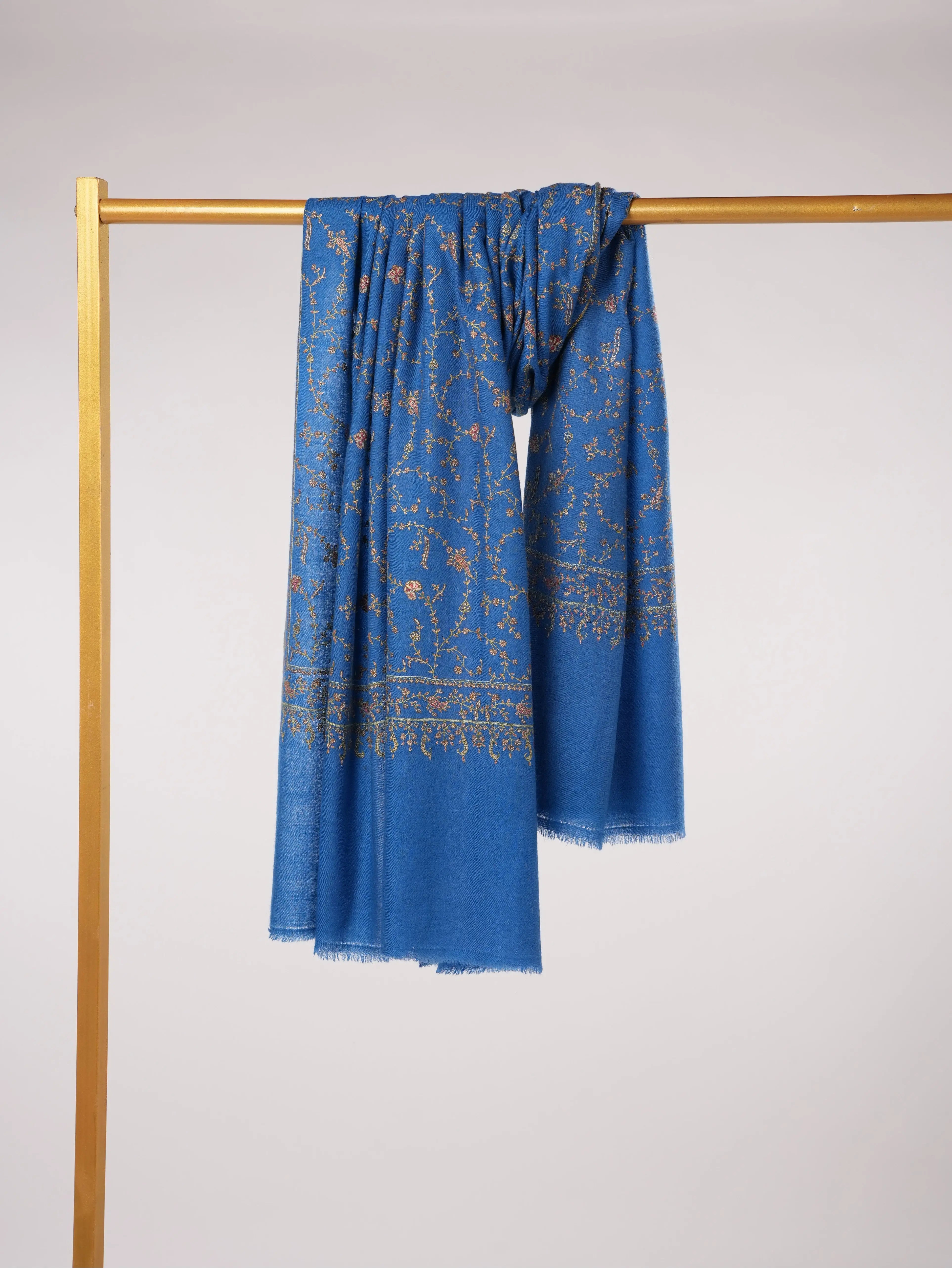 Rich Royal Blue Handwoven Pashmina Shawl with Jali Embroidery Shahkaar.com