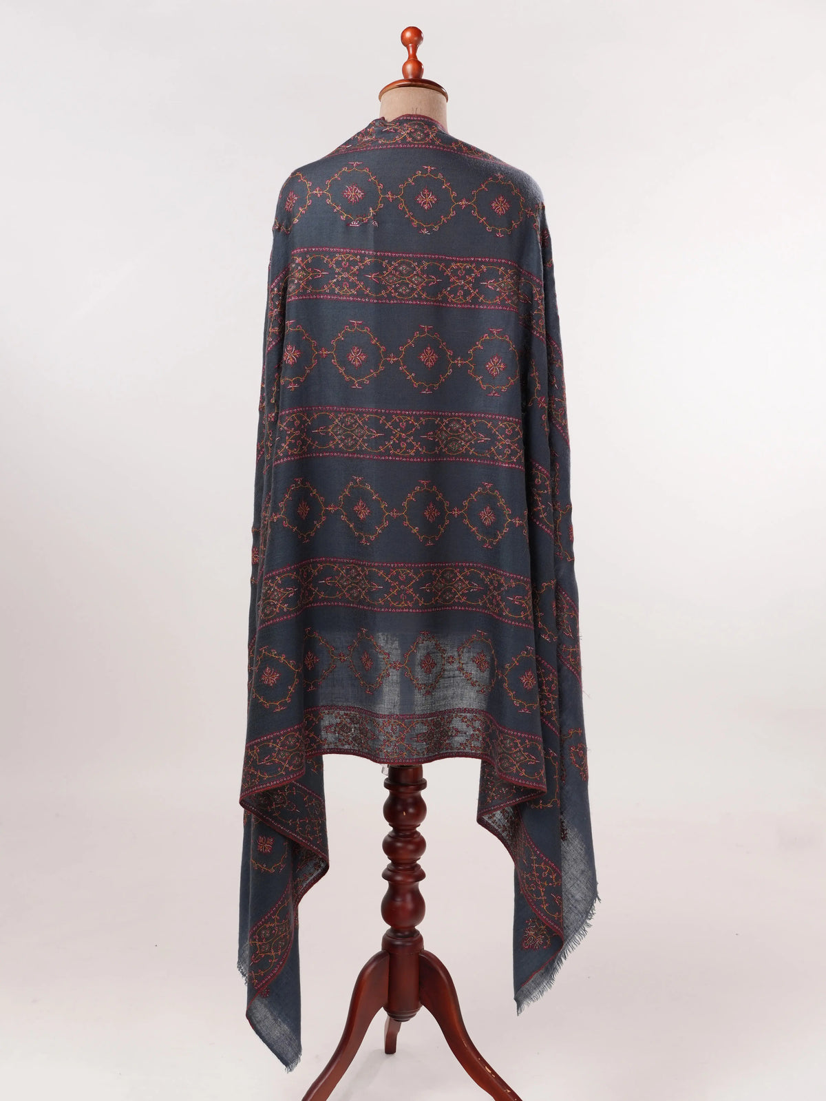 Dark Grey Handwoven Pashmina Shawl with Jali Sozni Hand Embroidery Shahkaar.com