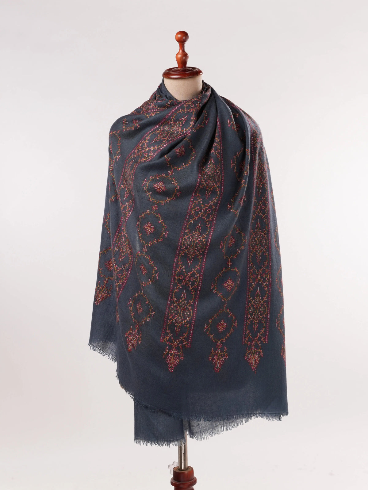 Dark Grey Handwoven Pashmina Shawl with Jali Sozni Hand Embroidery Shahkaar.com