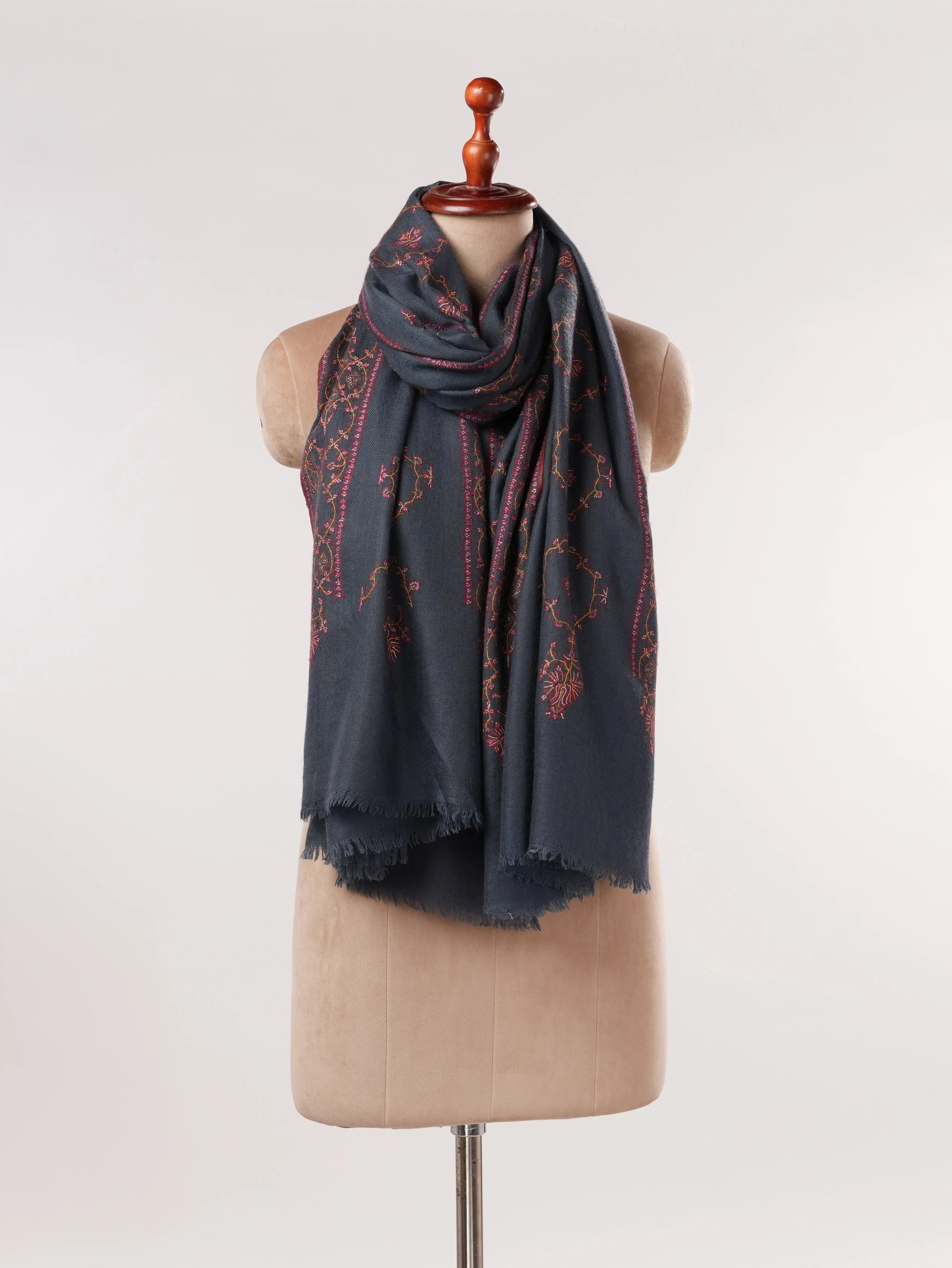 Dark Grey Handwoven Pashmina Shawl with Jali Sozni Hand Embroidery Shahkaar.com