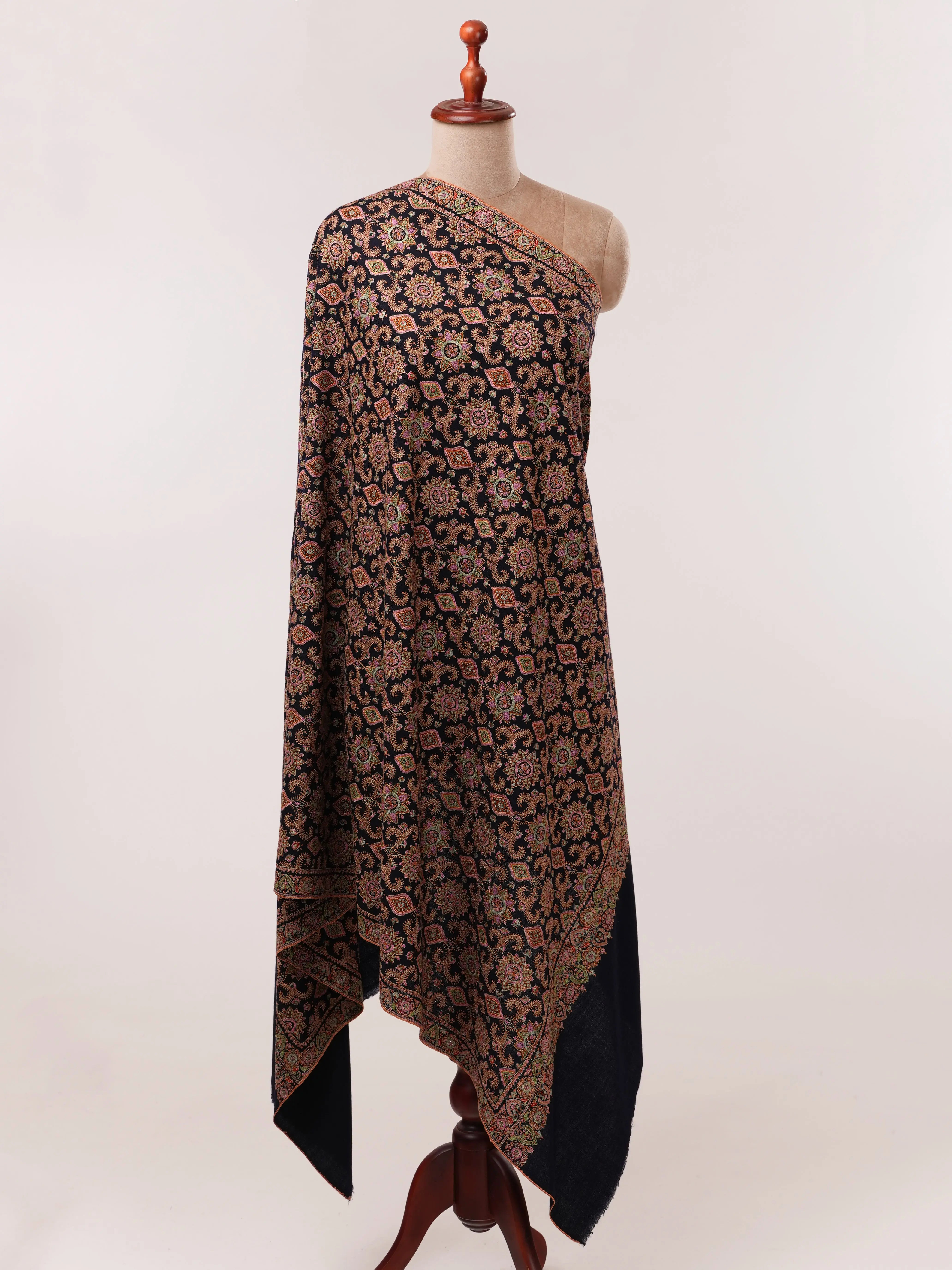 Dark Navy Blue Silk Hand Embroidered Pure Pashmina Jamavar Shawl Shahkaar.com
