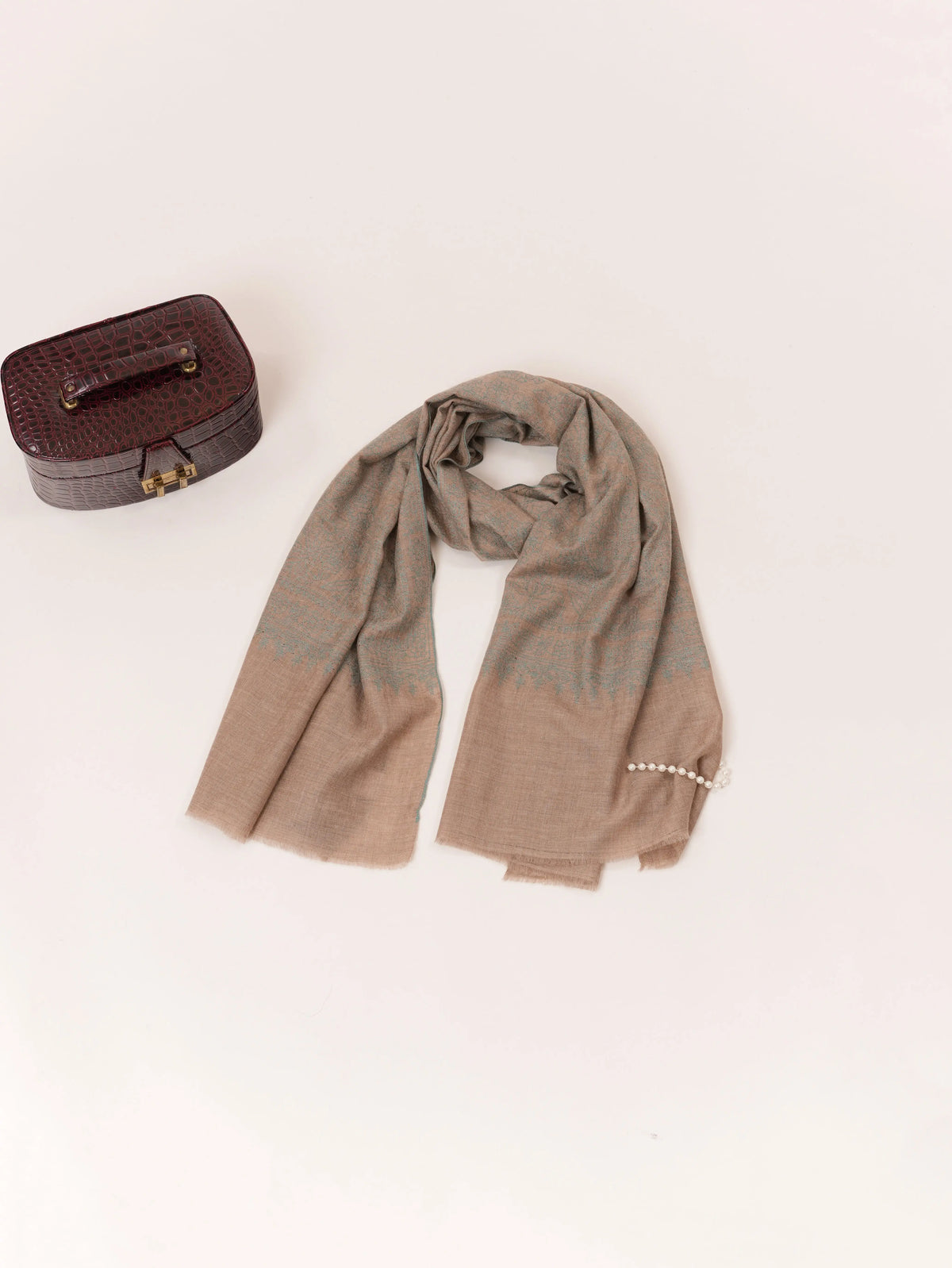 Natural Taupe Kashmiri Cashmere Handwoven Scarf with Jali Hand Sozni Embroidery Shahkaar.com