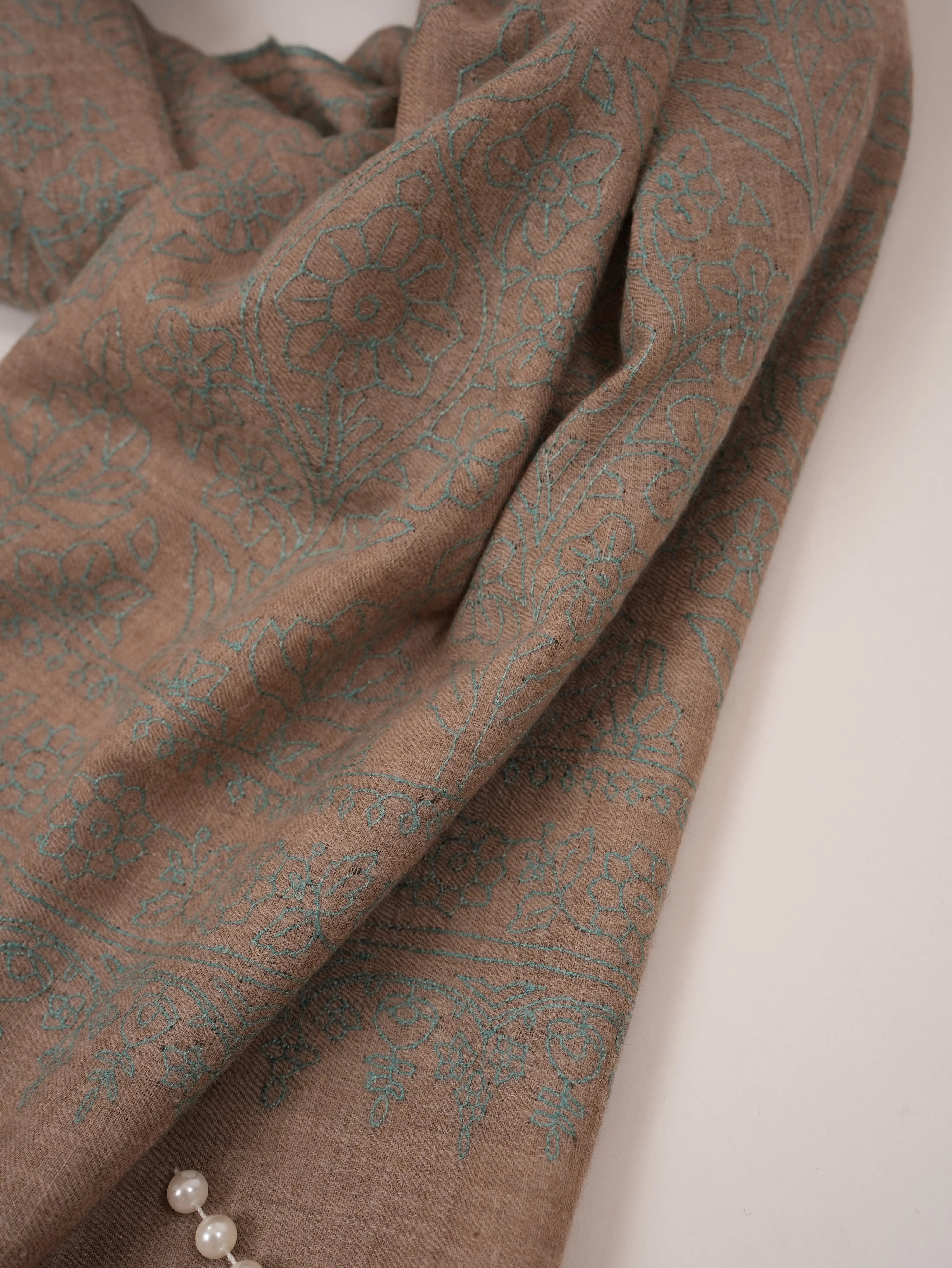 Natural Taupe Kashmiri Cashmere Handwoven Scarf with Jali Hand Sozni Embroidery Shahkaar.com