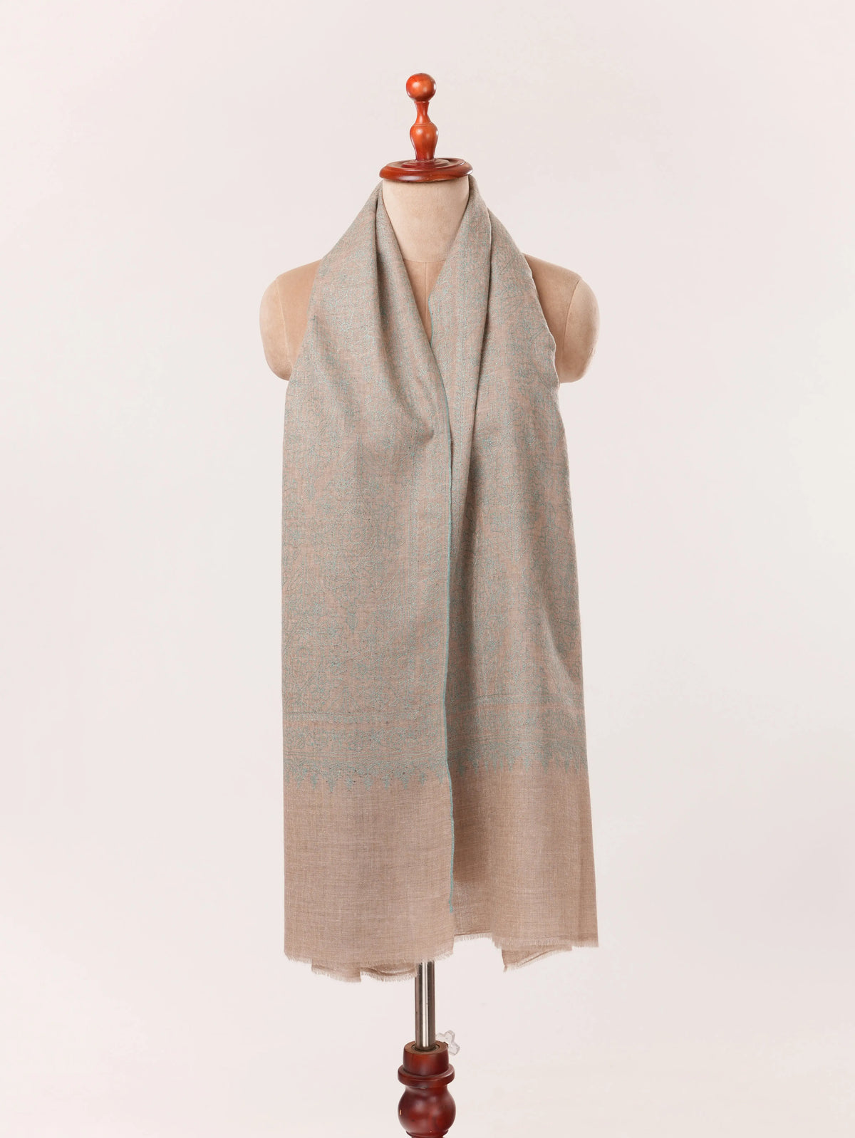Natural Taupe Kashmiri Cashmere Handwoven Scarf with Jali Hand Sozni Embroidery Shahkaar.com