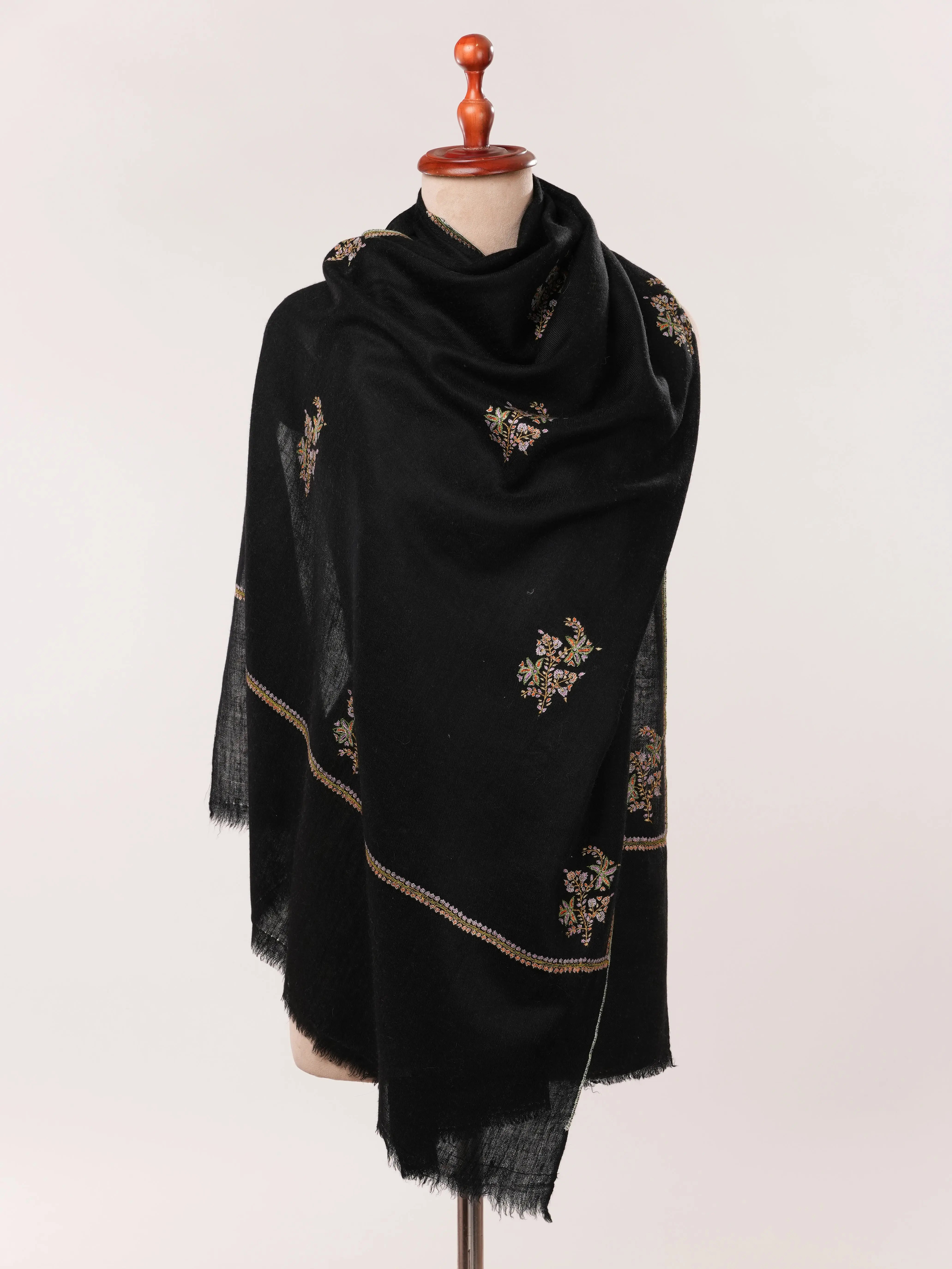 Black Featherlight Handwoven Cashmere Scarf with Hand Embroidery Shahkaar.com