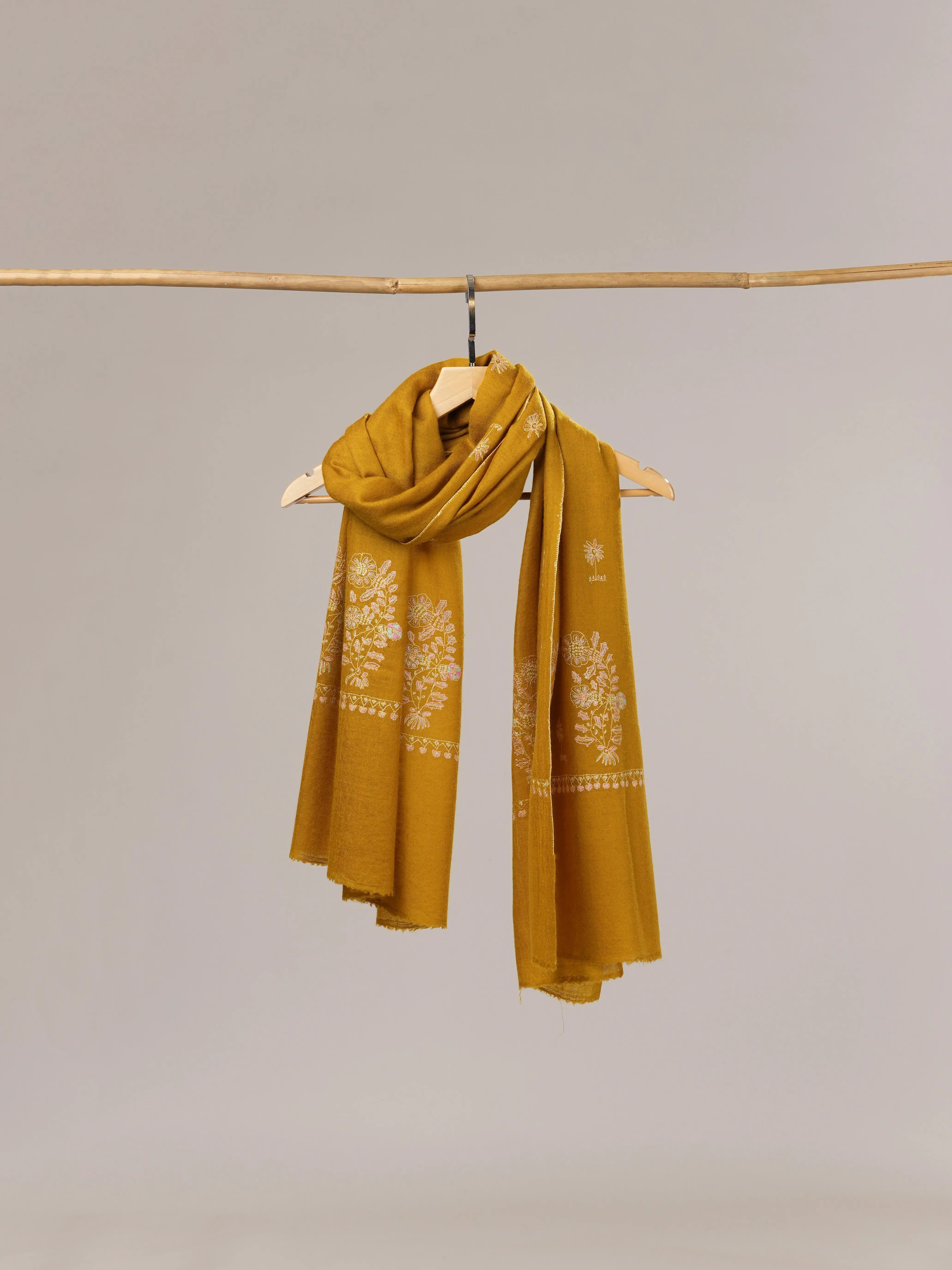 Mustard Cashmere Scarf with Detailed Hand Embroidery Shahkaar.com
