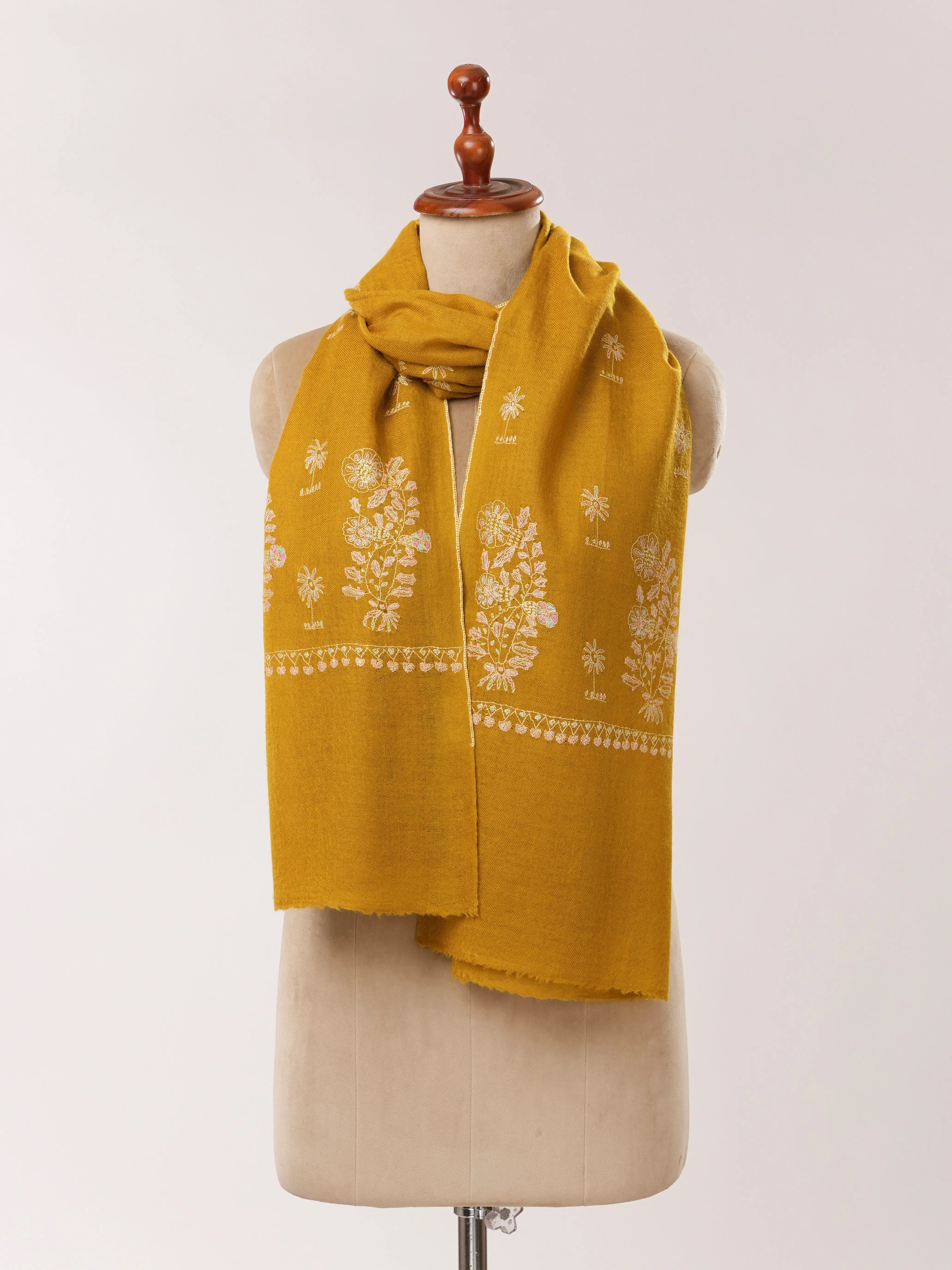 Mustard Cashmere Scarf with Detailed Hand Embroidery Shahkaar.com