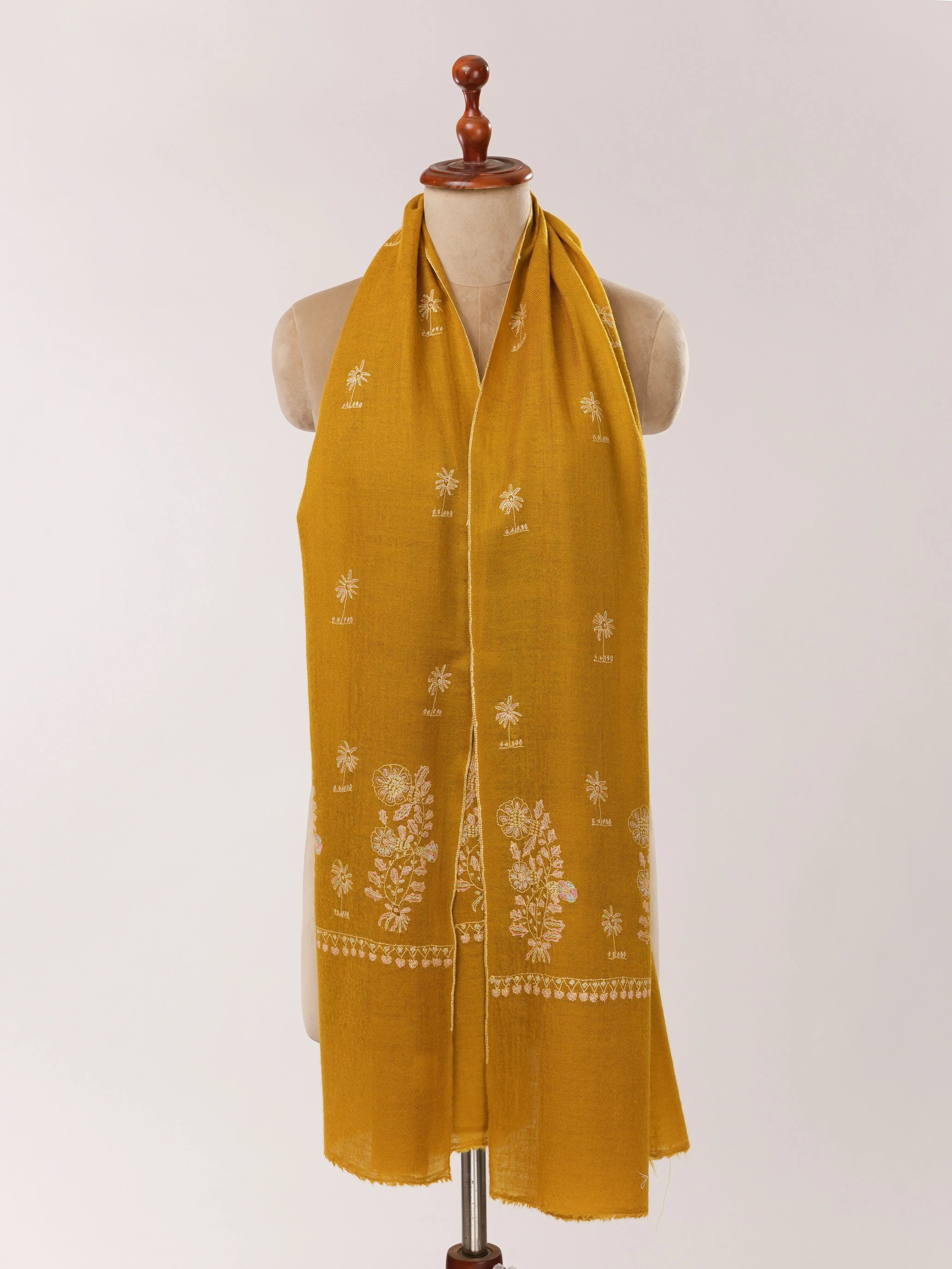 Mustard Cashmere Scarf with Detailed Hand Embroidery Shahkaar.com