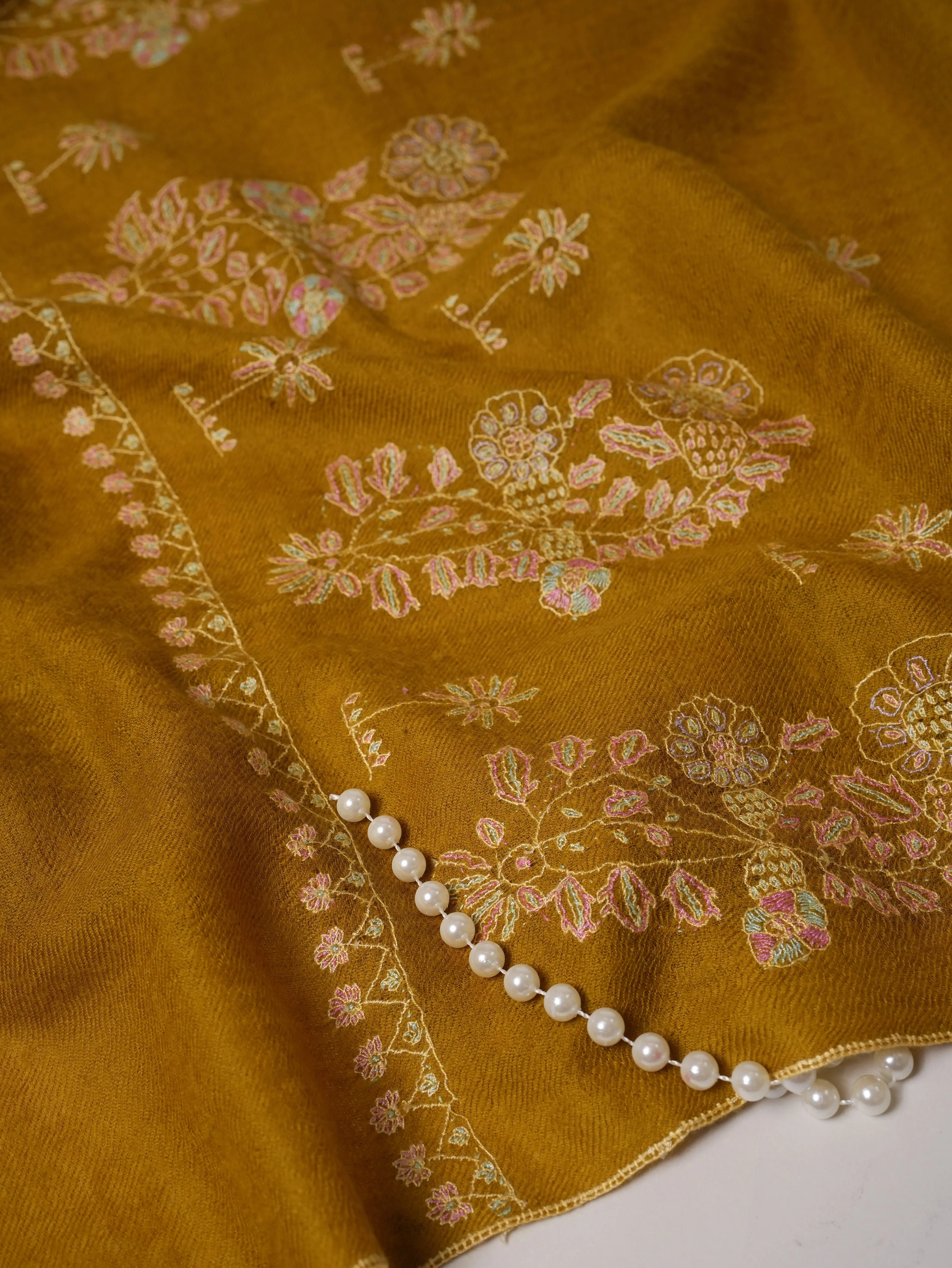 Mustard Cashmere Scarf with Detailed Hand Embroidery Shahkaar.com
