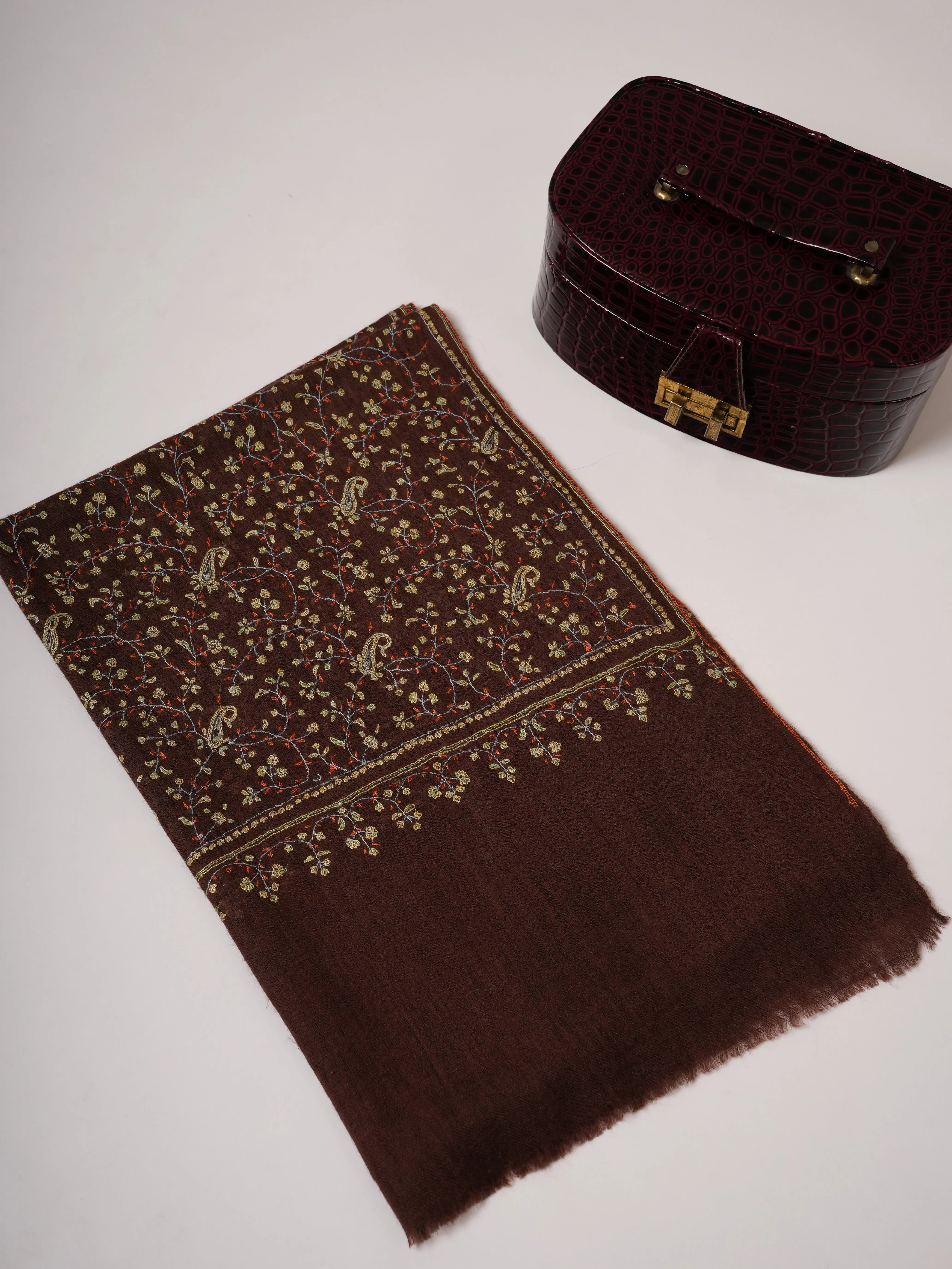 Featherlight Handwoven Brown Cashmere Scarf with All Over Hand Embroidery Shahkaar