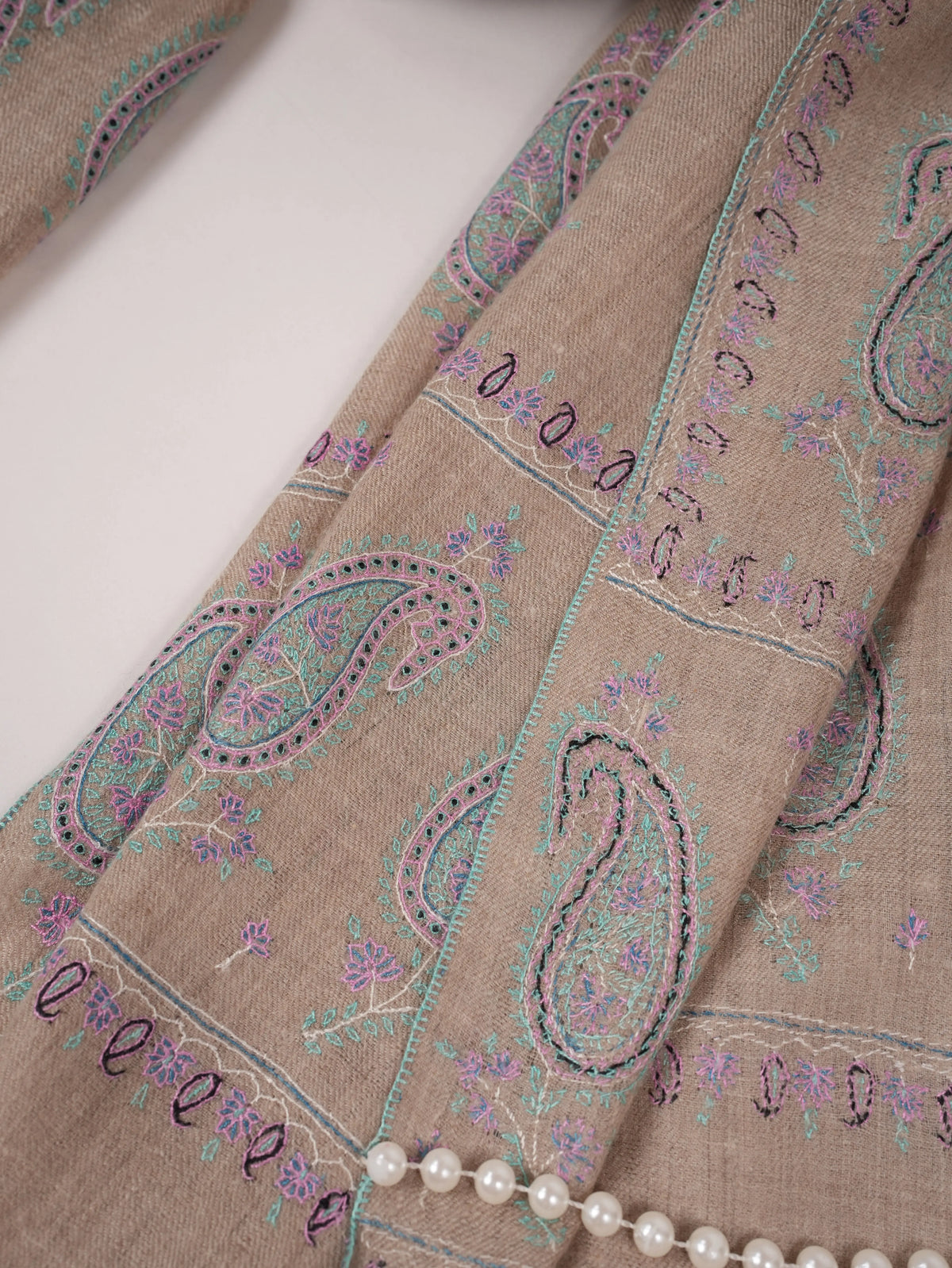Natural Beige Warm Pashmina Shawl with Buteh Hand Embroidery