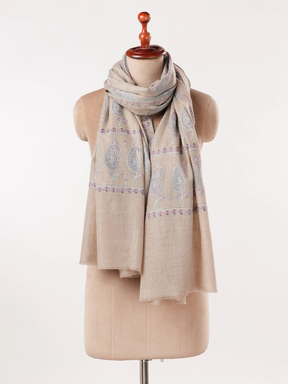 Natural Beige Warm Pashmina Shawl with Buteh Hand Embroidery