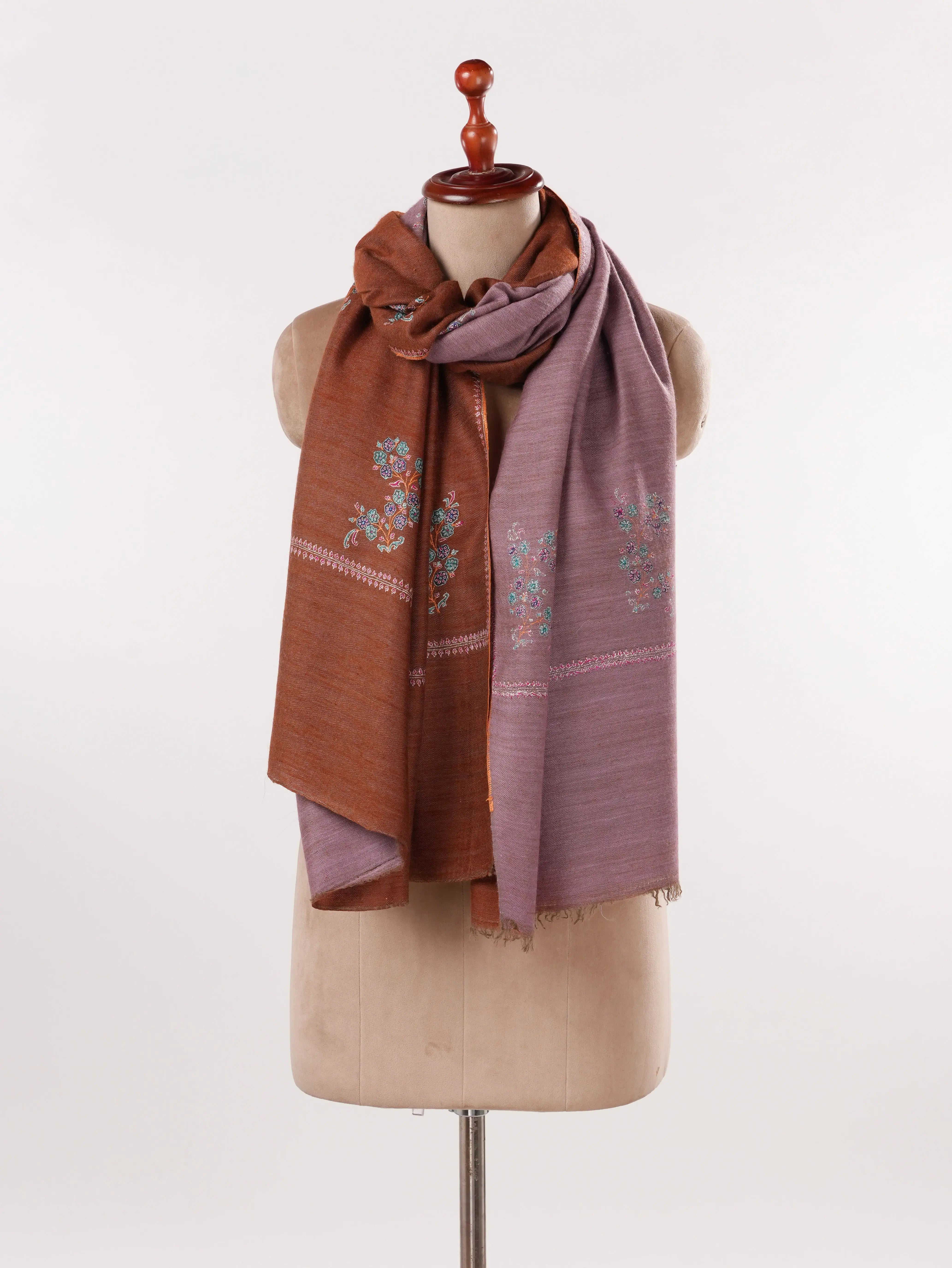 Dualtone Handwoven Soft Pashmina Shawl with Buteh Hand Sozni Embroidery Shahkaar.com