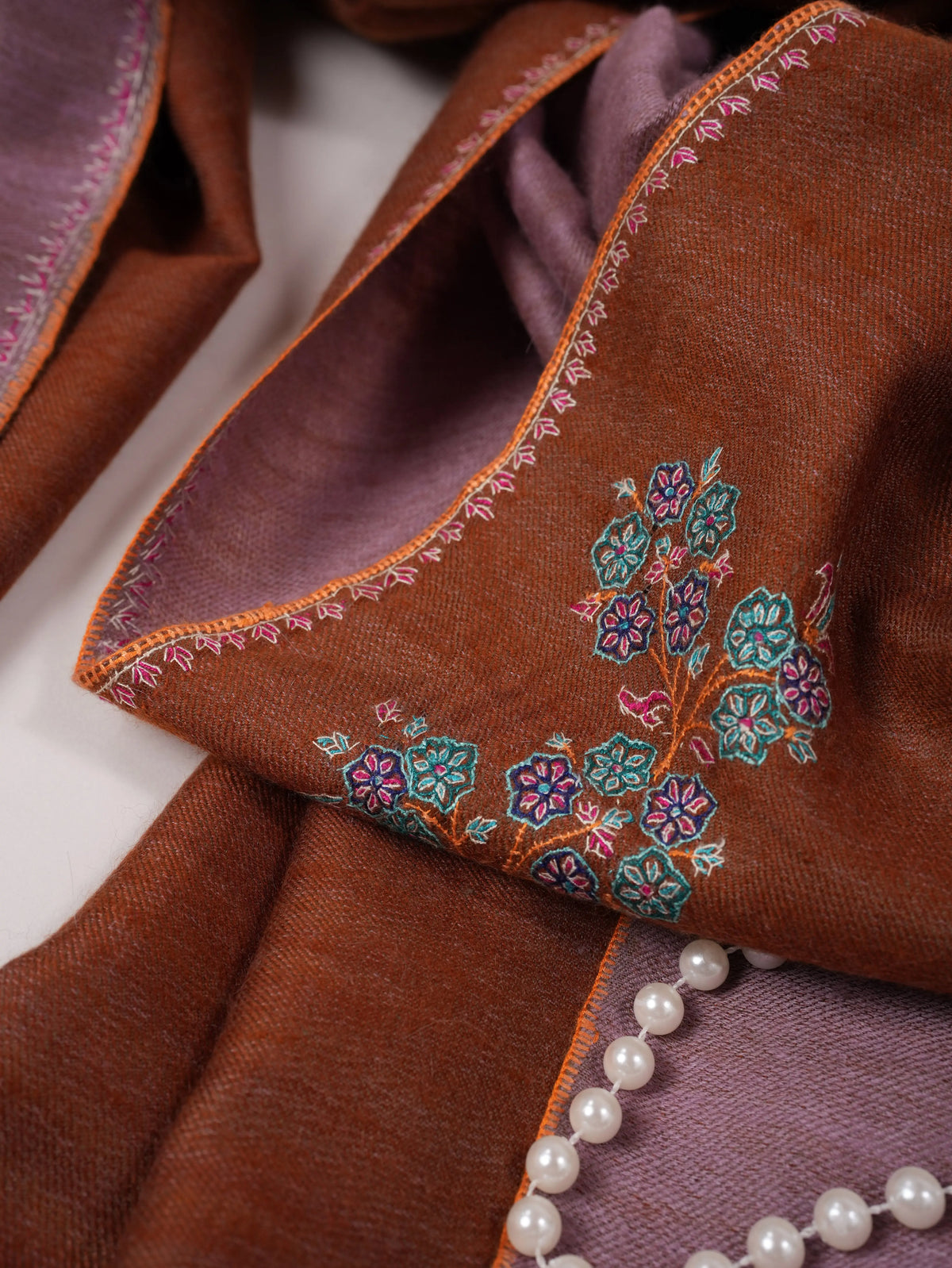 Dualtone Handwoven Soft Pashmina Shawl with Buteh Hand Sozni Embroidery Shahkaar.com