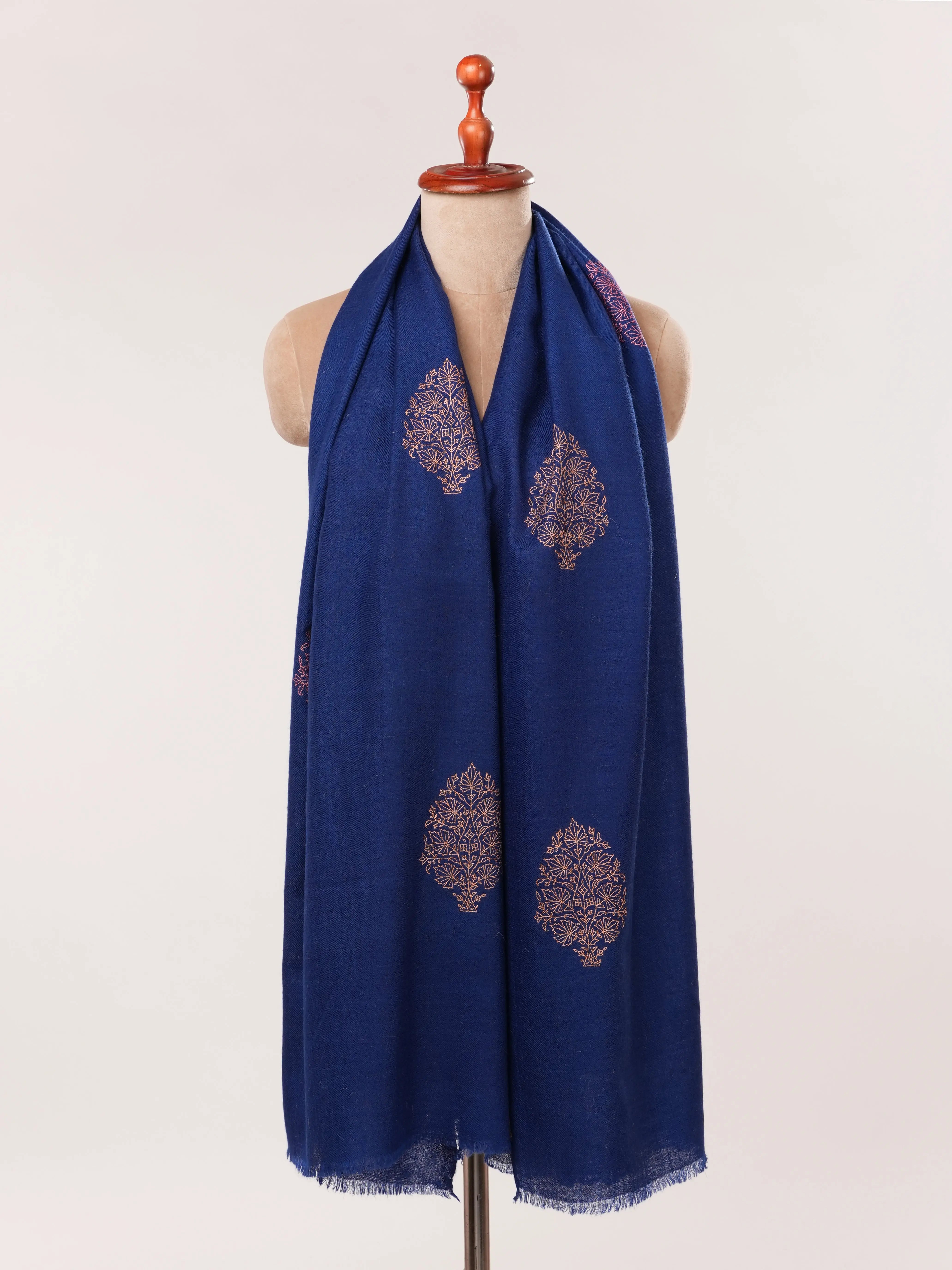 Dark Blue Cashmere Scarf with Buteh Hand Embroidery Shahkaar.com