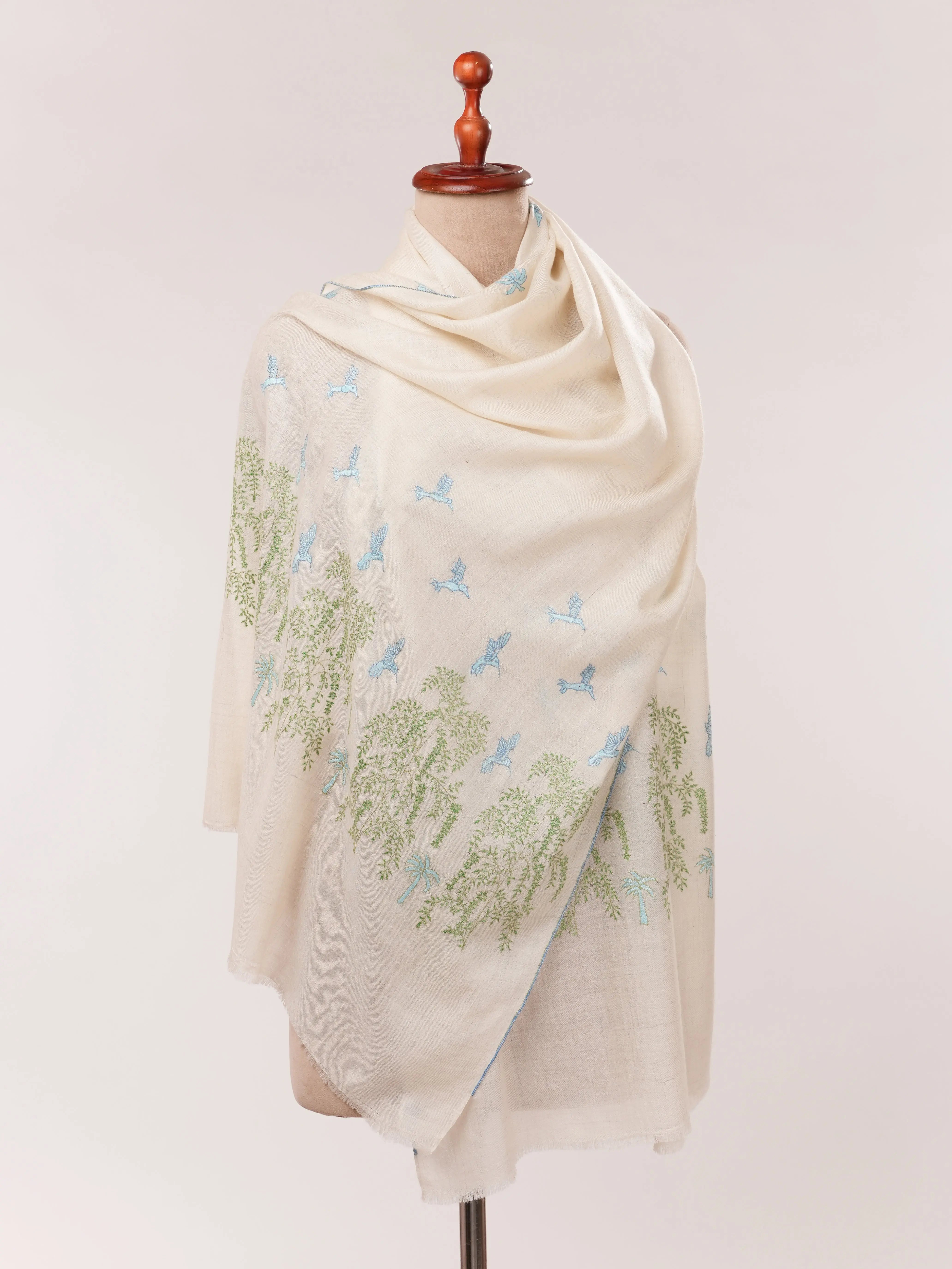 Handwoven Off White Cashmere Scarf with Minimalist Hand Embroidery Shahkaar.com