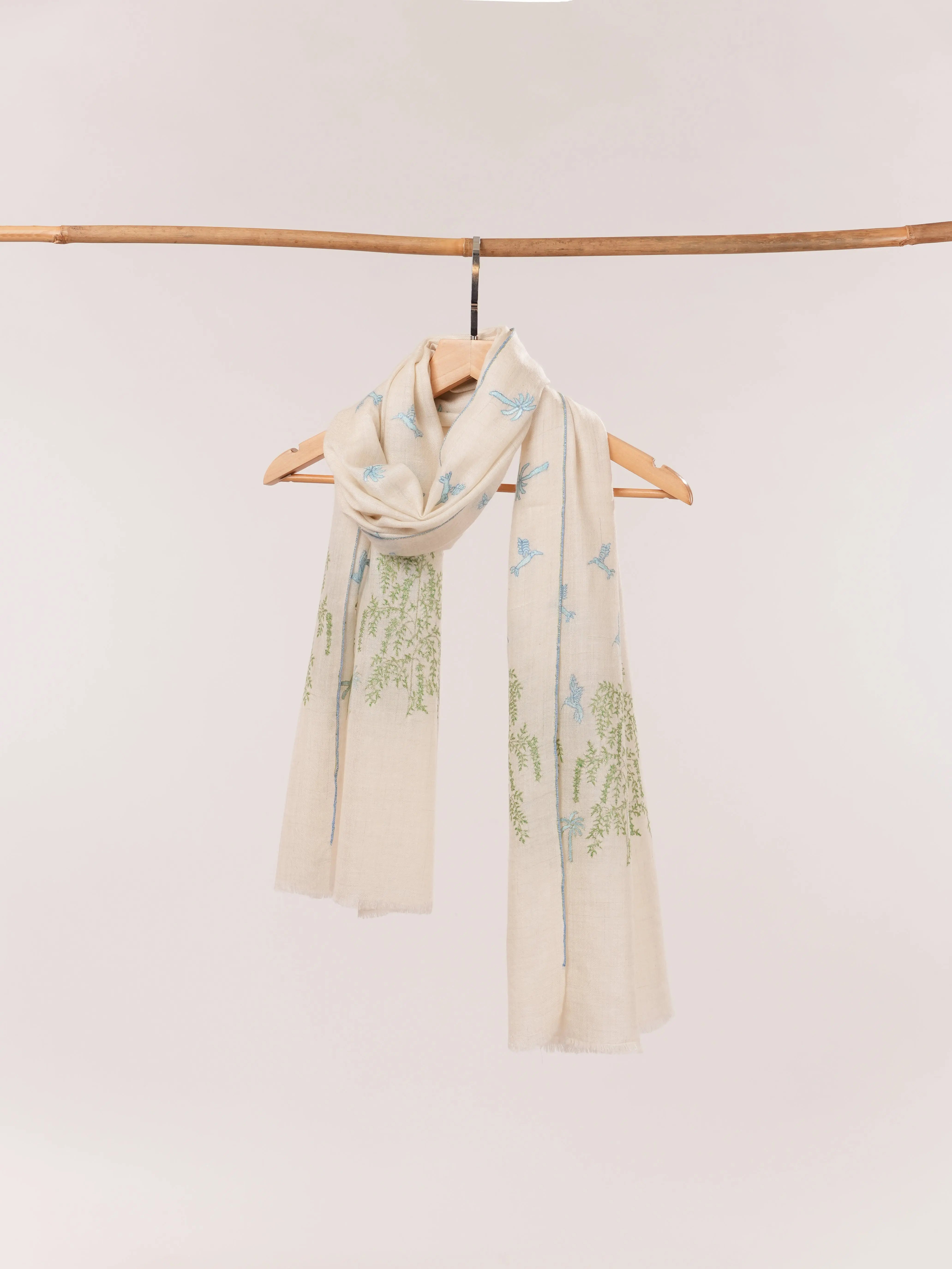 Handwoven Off White Cashmere Scarf with Minimalist Hand Embroidery Shahkaar.com