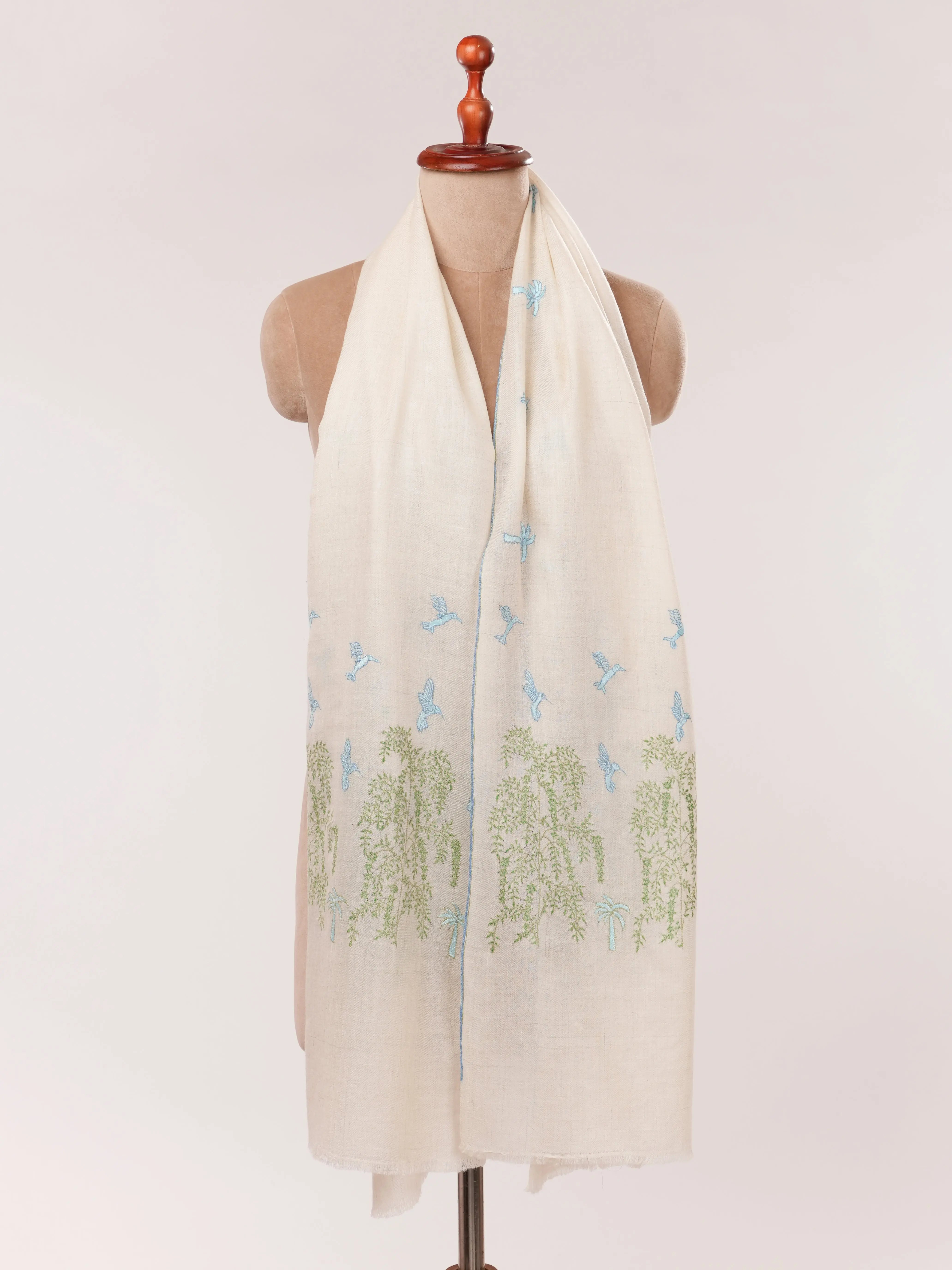 Handwoven Off White Cashmere Scarf with Minimalist Hand Embroidery Shahkaar.com