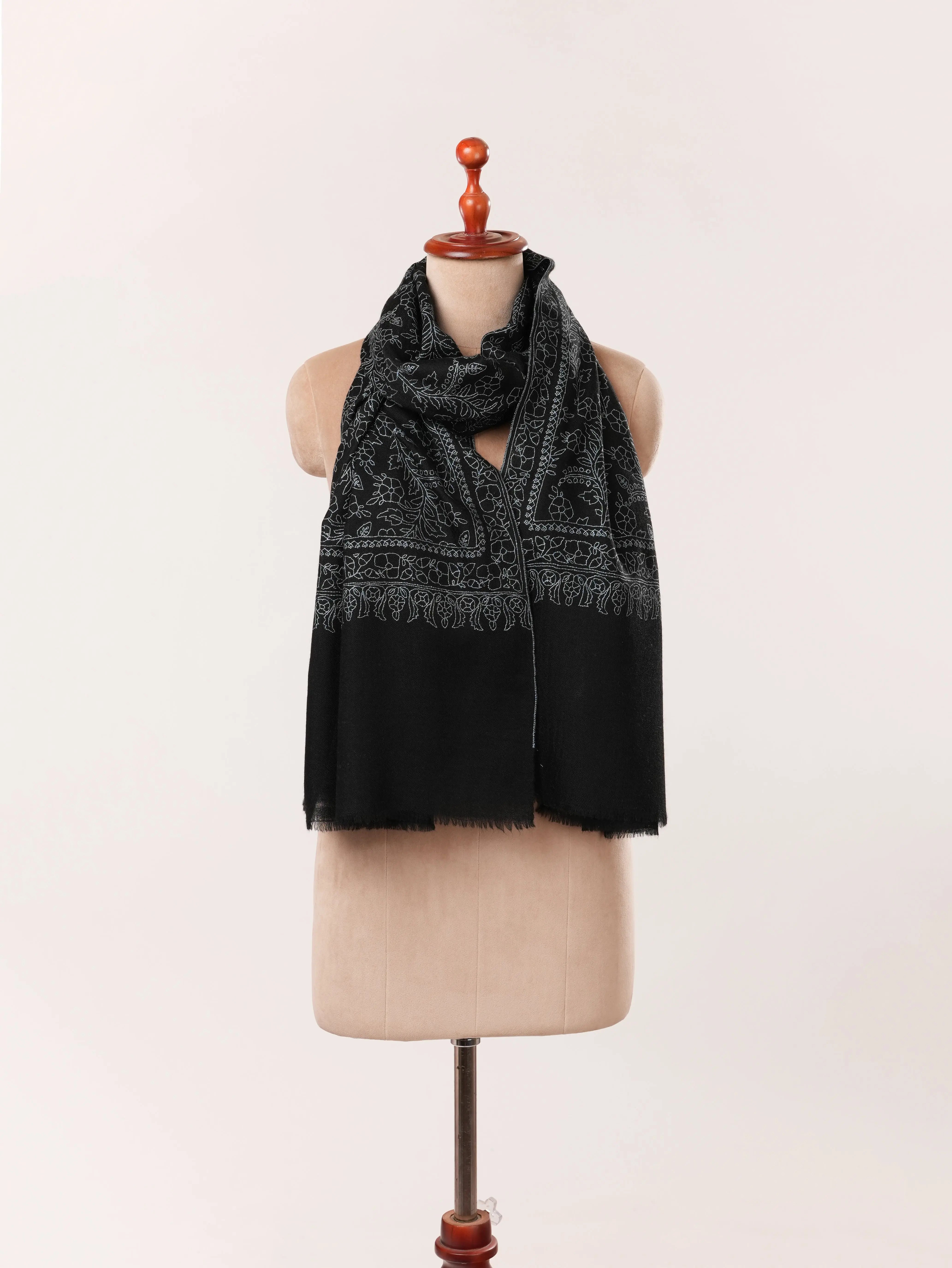 Kashmiri Black Scarf in Cashmere with Jali Sozni Embroidery Shahkaar.com