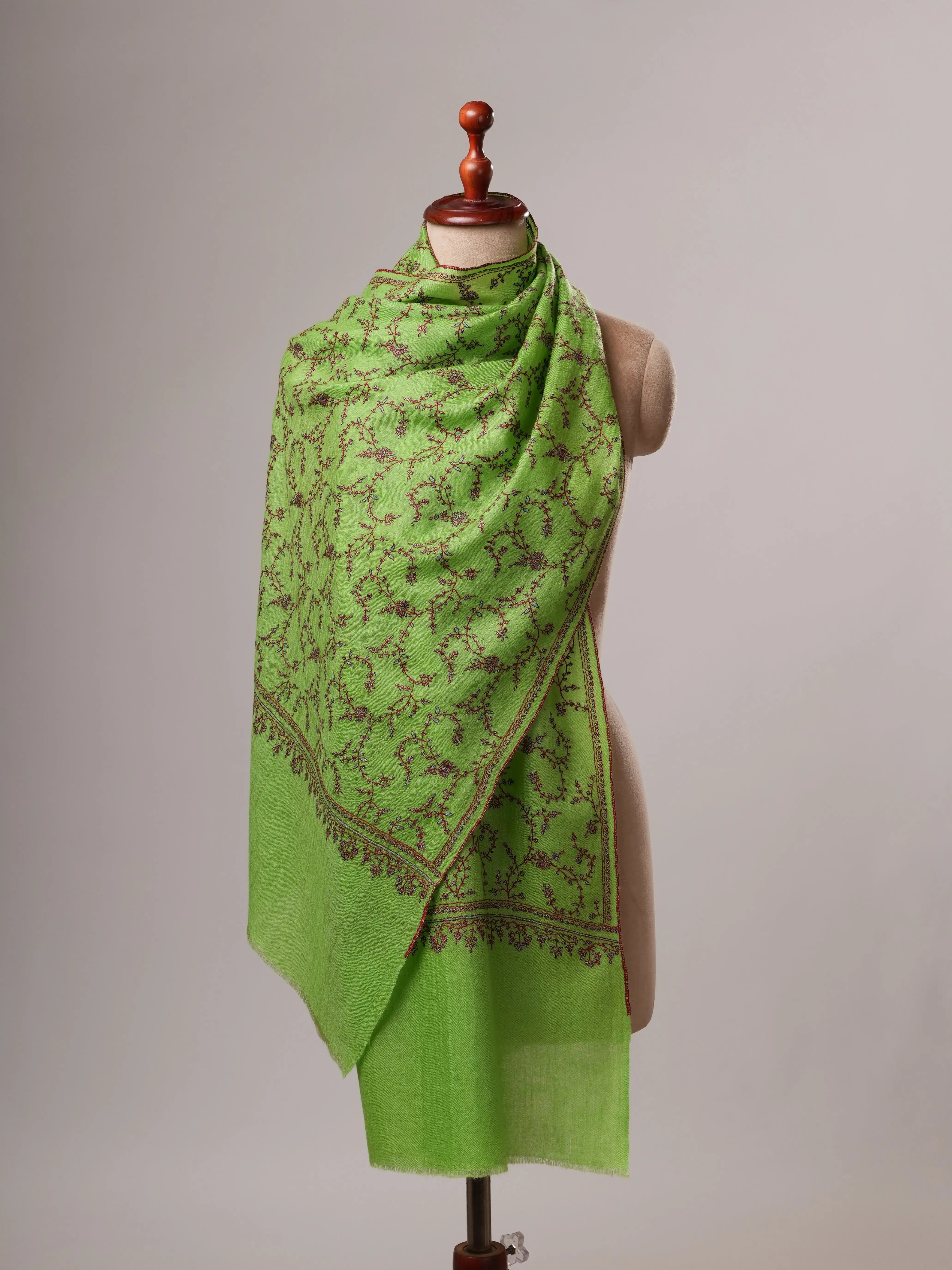 Parrot Green Cashmere Scarf with Jali Sozni Hand Embroidery Shahkaar
