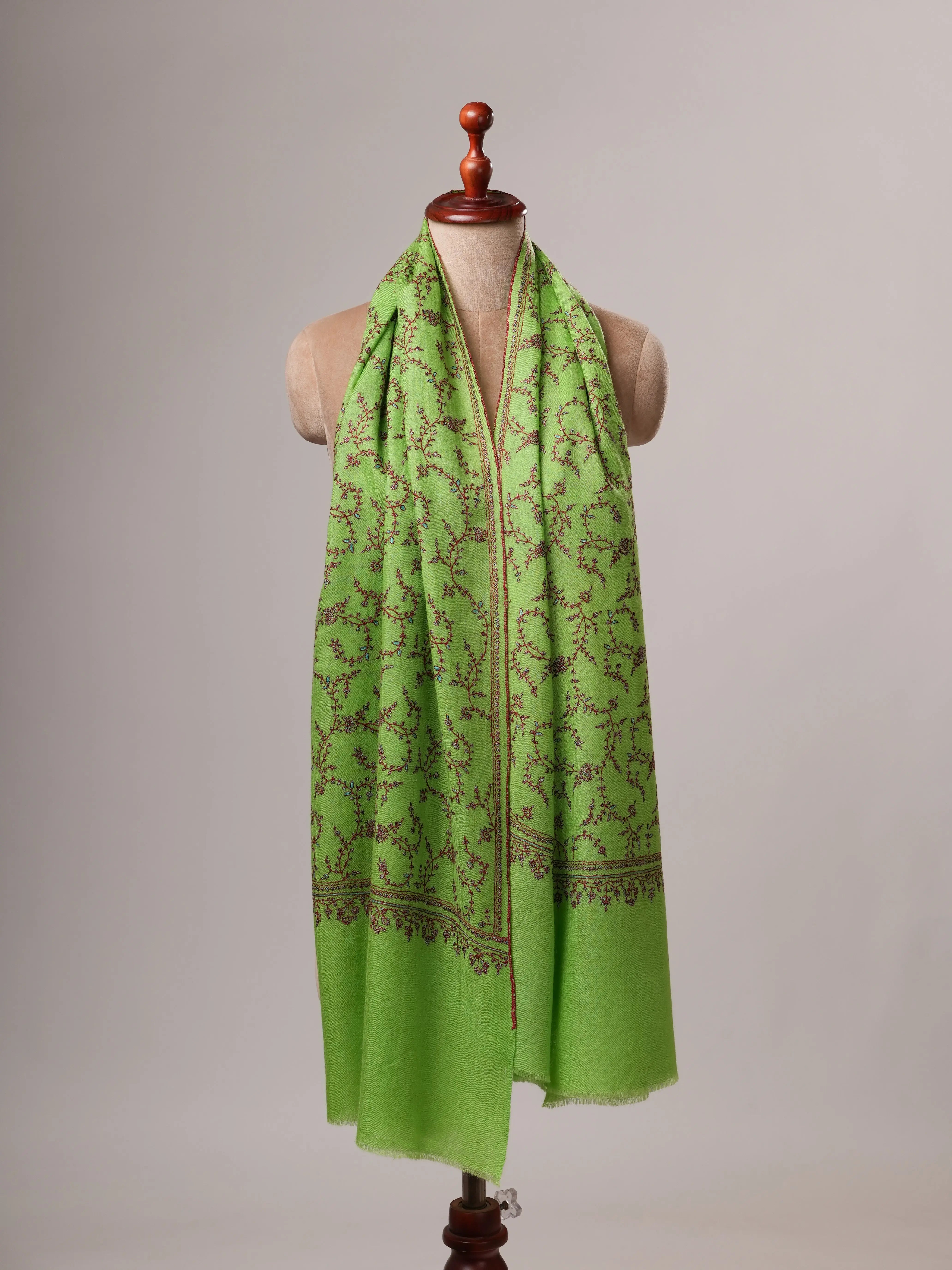Parrot Green Cashmere Scarf with Jali Sozni Hand Embroidery Shahkaar