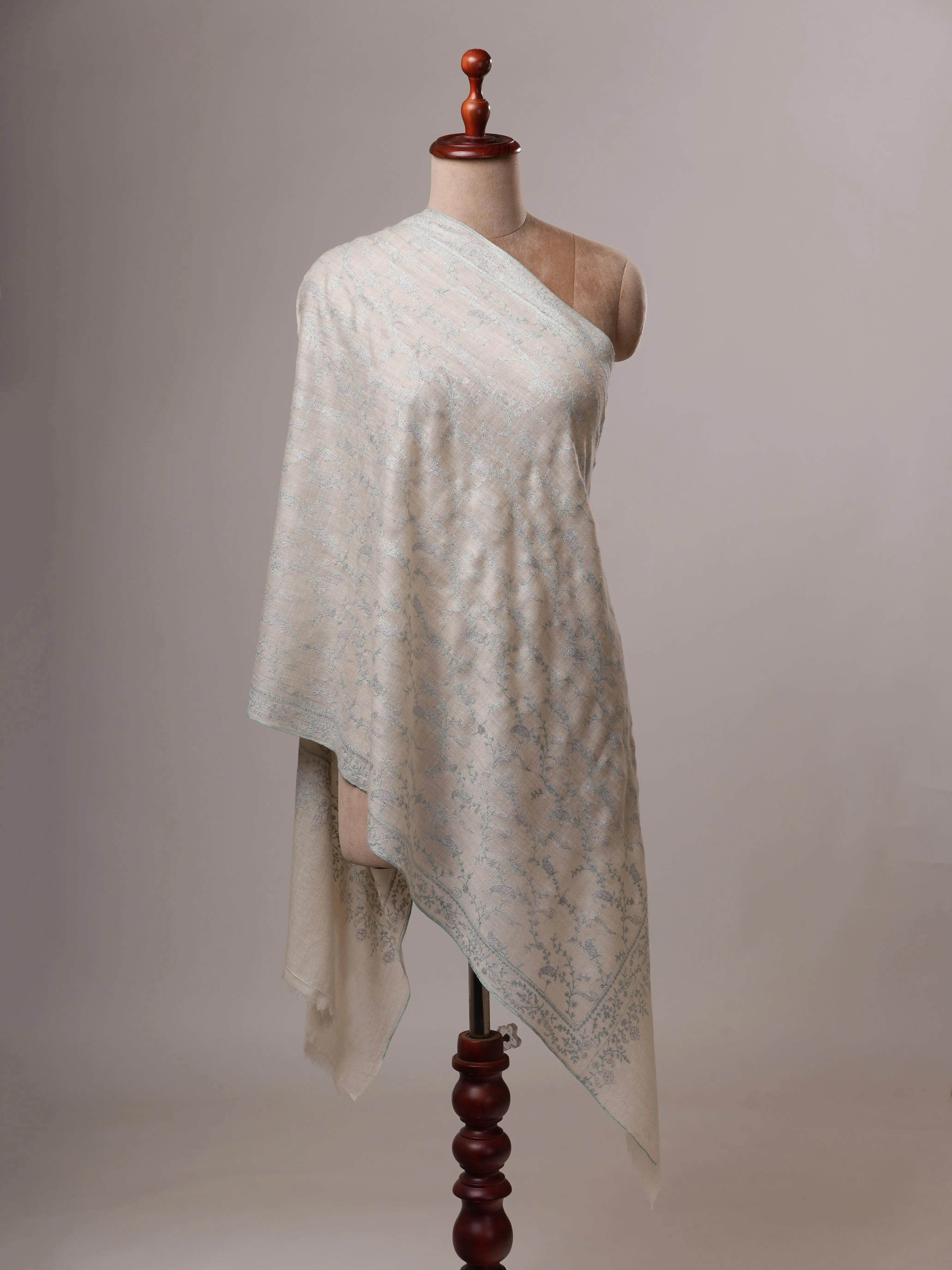 Handwoven White Baby Soft Cashmere Scarf with Pastel Hand Embroidery Shahkaar