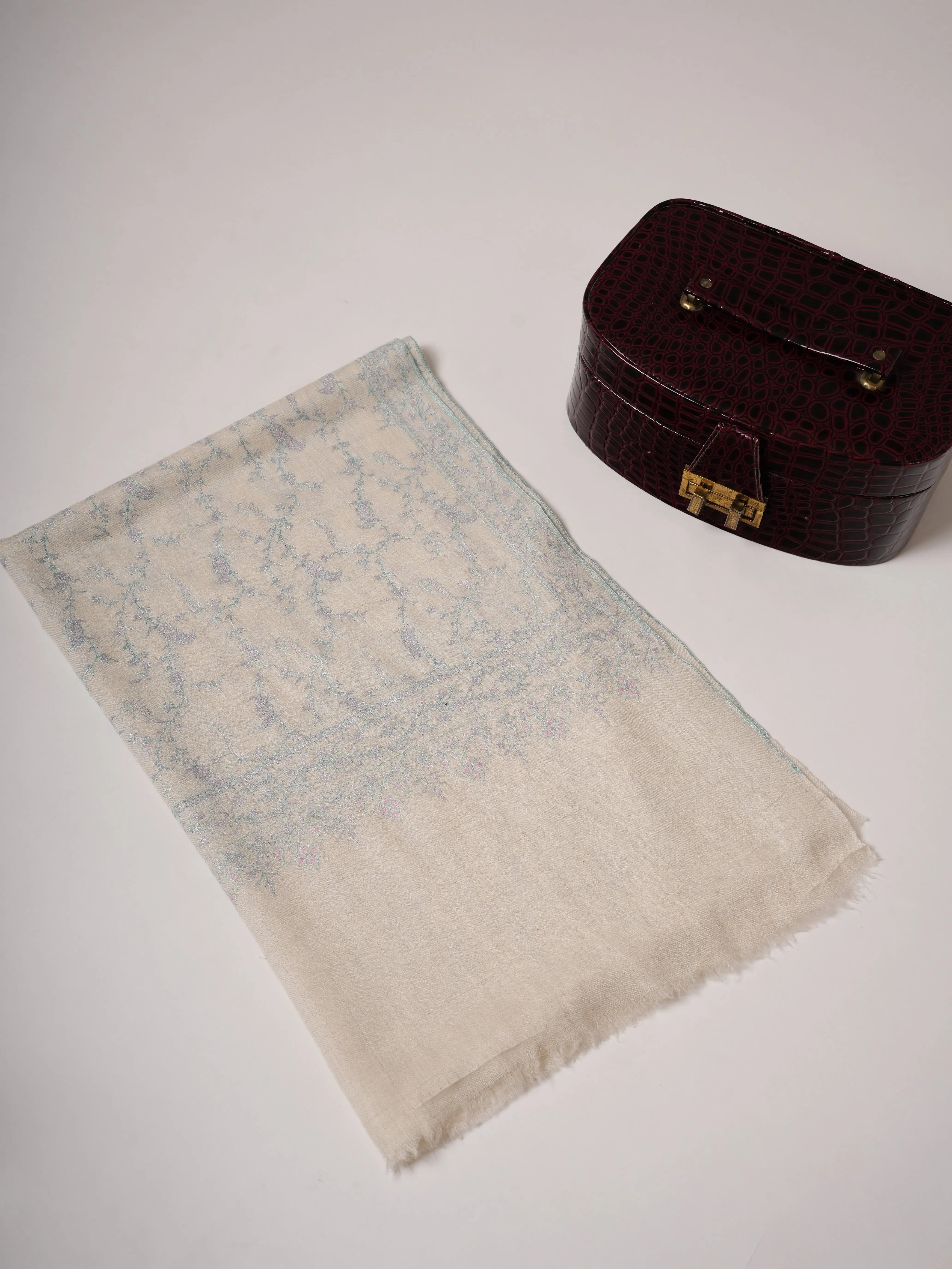 Handwoven White Baby Soft Cashmere Scarf with Pastel Hand Embroidery Shahkaar