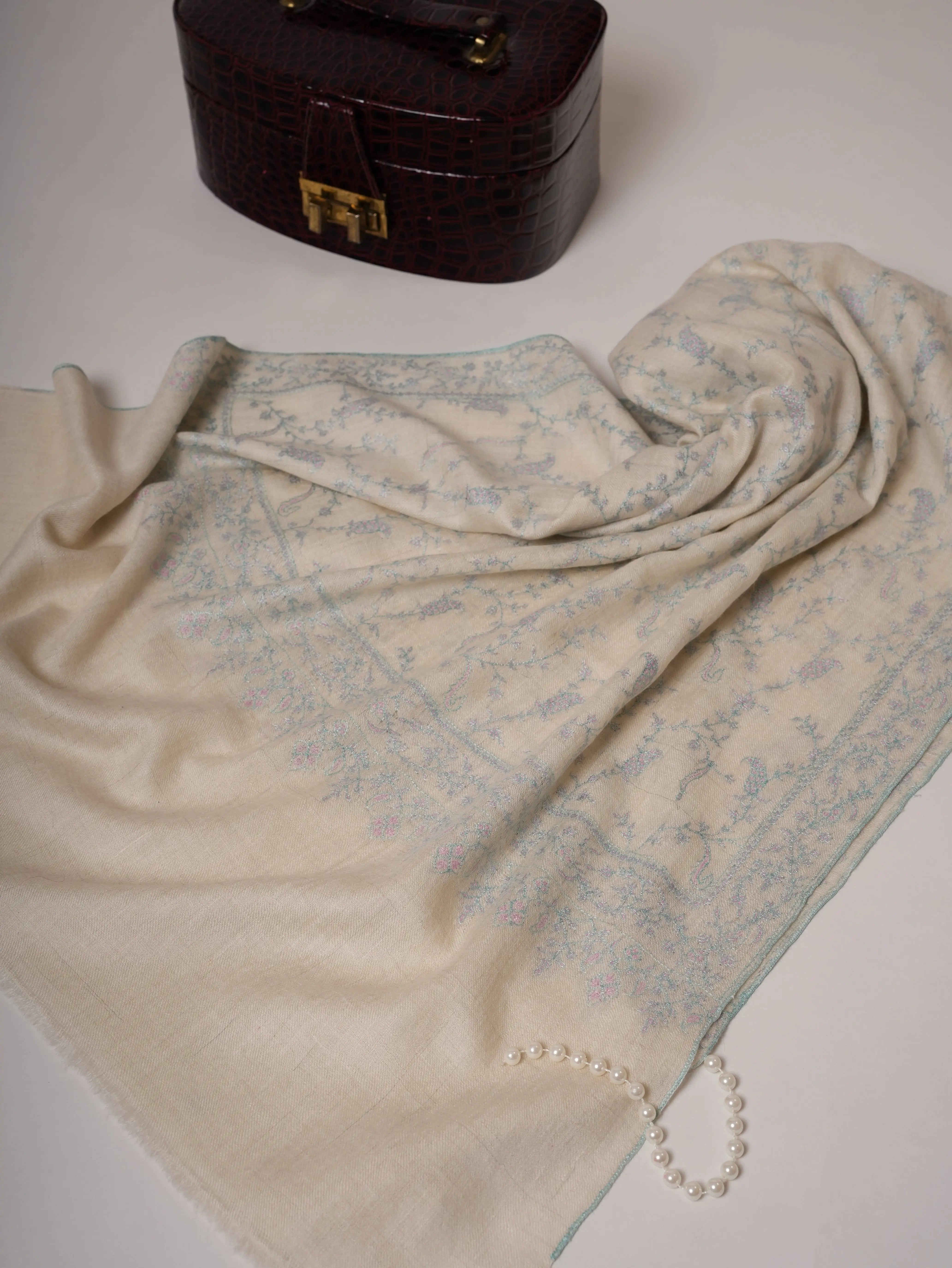 Handwoven White Baby Soft Cashmere Scarf with Pastel Hand Embroidery Shahkaar