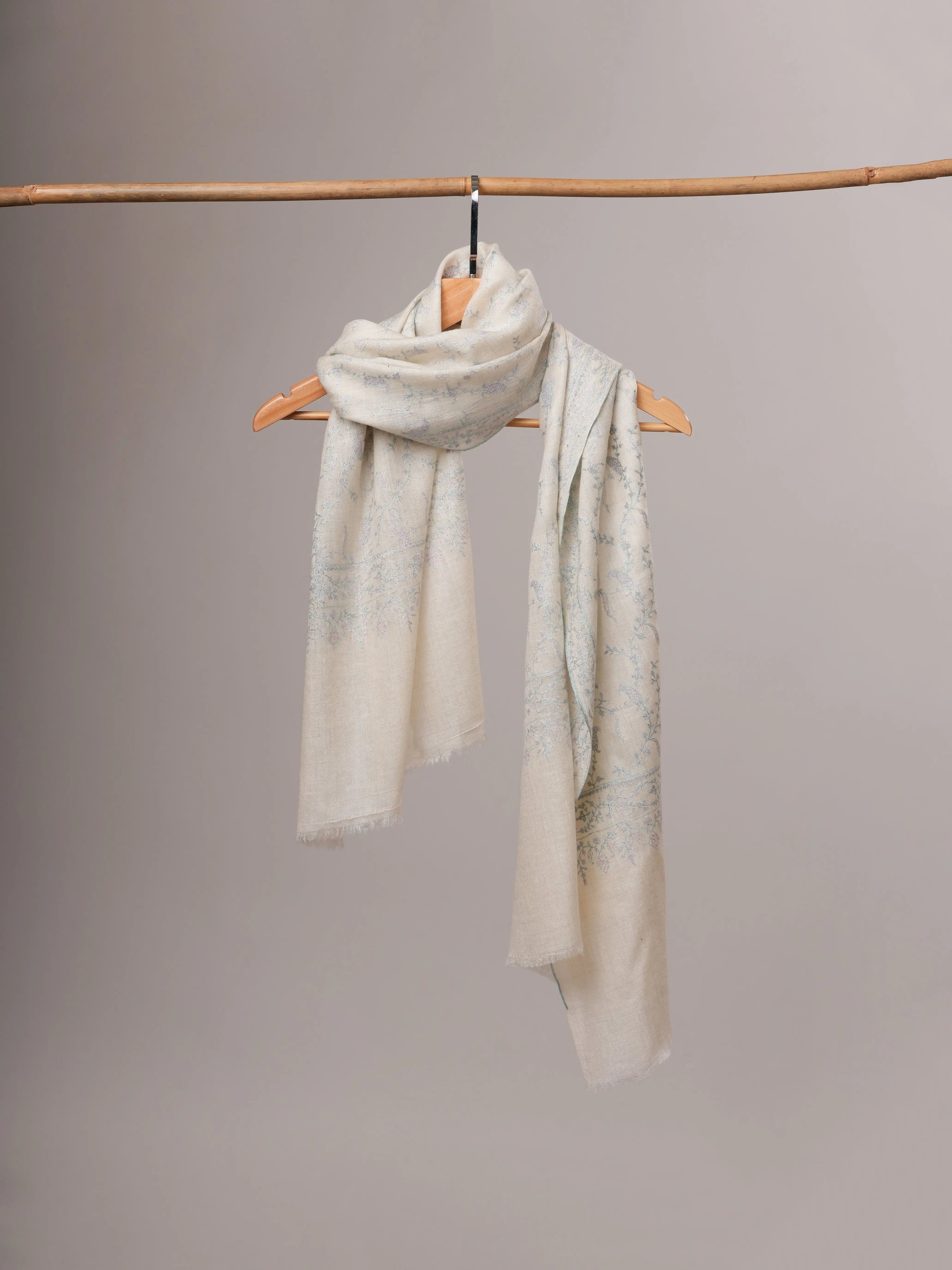 Handwoven White Baby Soft Cashmere Scarf with Pastel Hand Embroidery Shahkaar