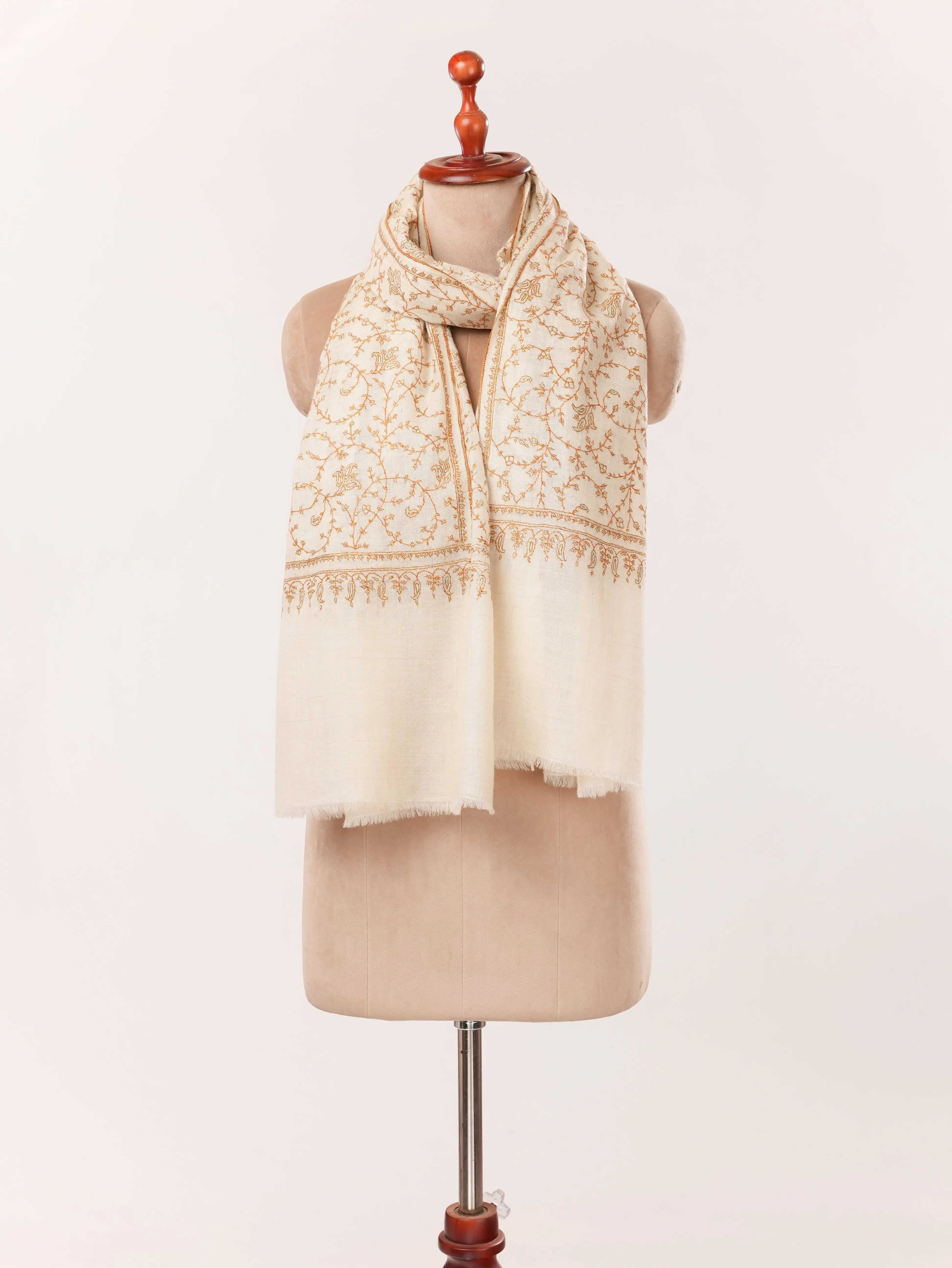 Natural White Scarf in Handwoven Baby Soft Cashmere with Jali hand Sozni Embroidery Shahkaar.com