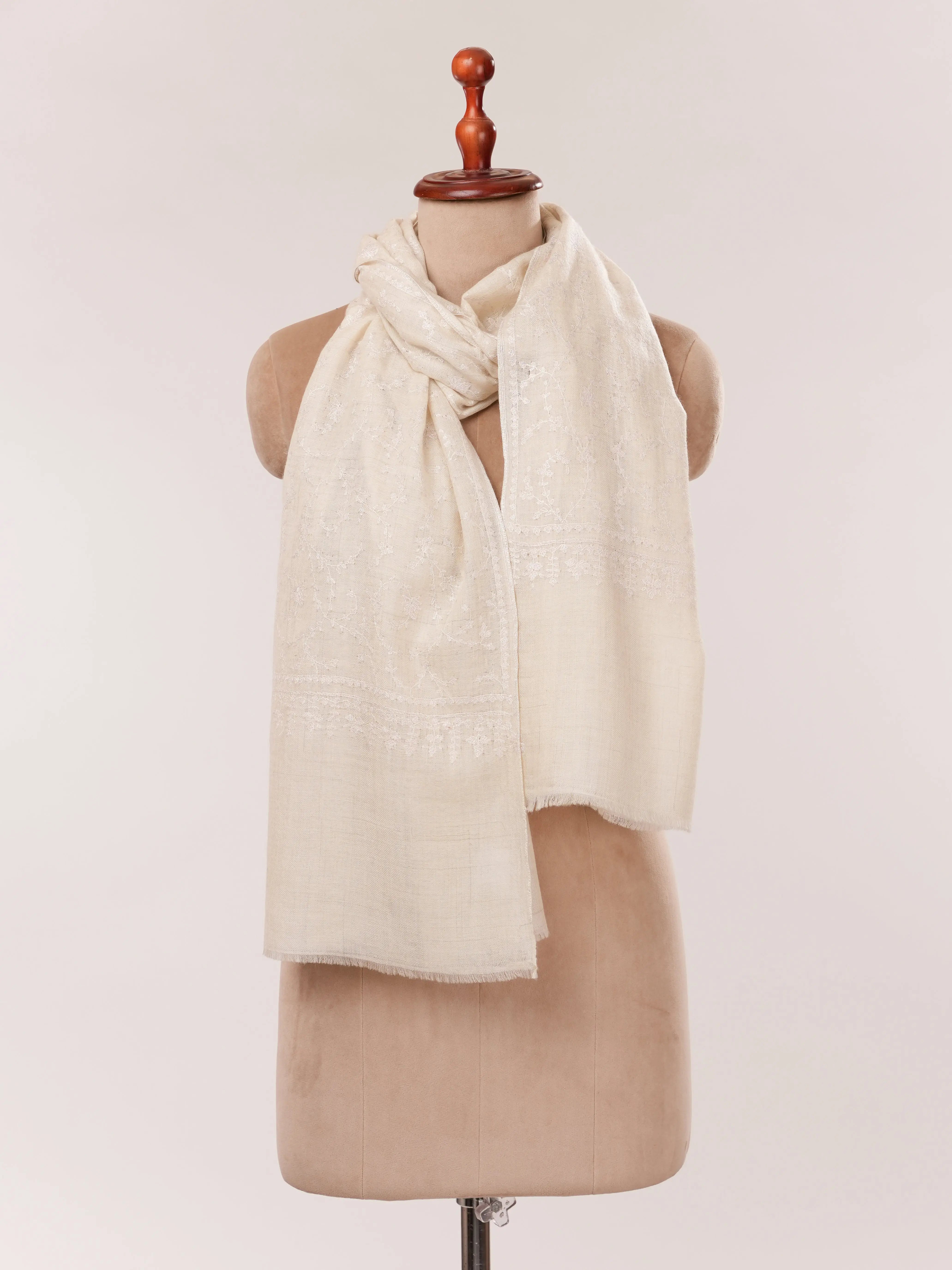 Natural Off White Handwoven Cashmere Scarf with White Hand Embroidery Shahkaar.com