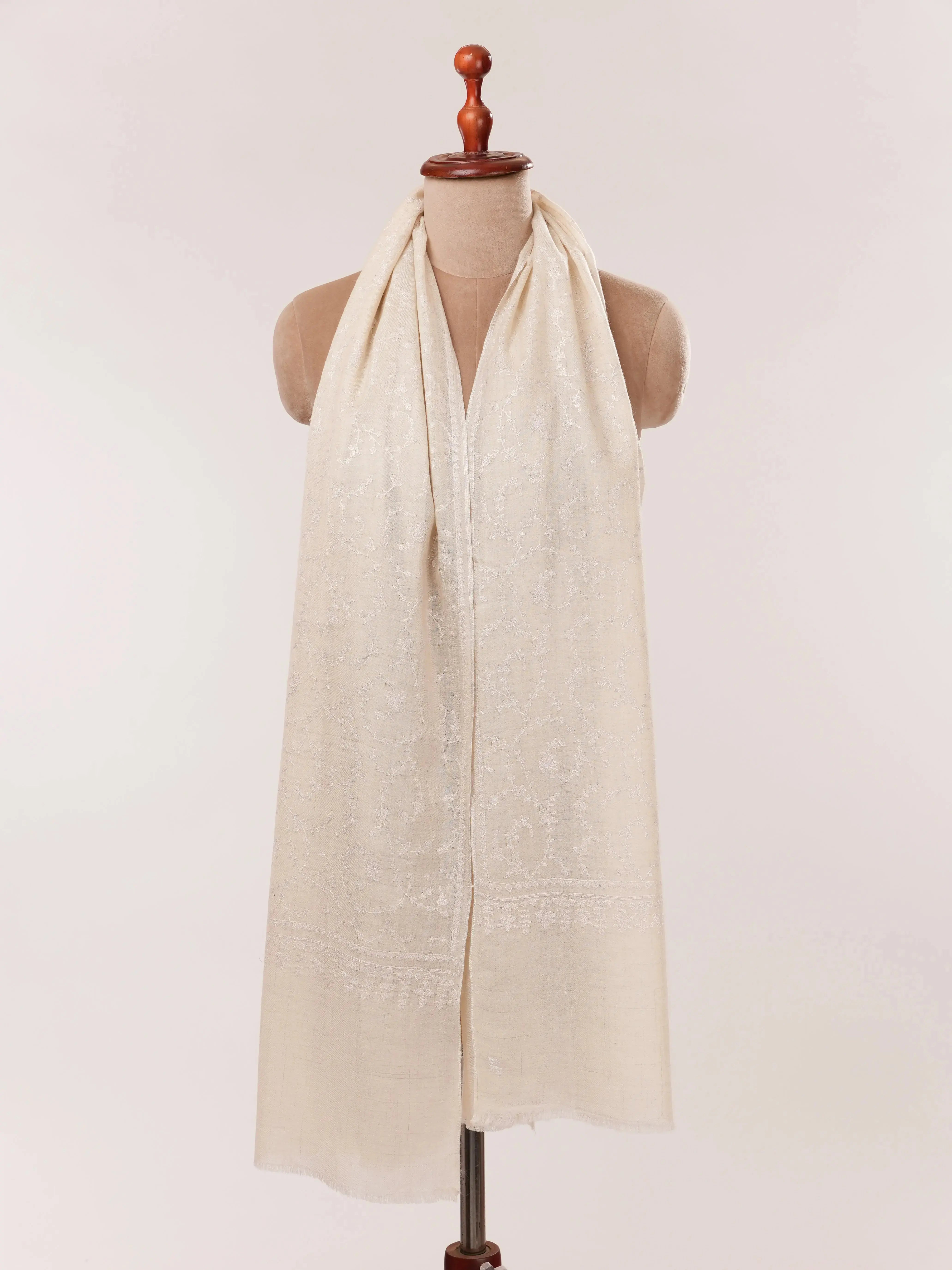 Natural Off White Handwoven Cashmere Scarf with White Hand Embroidery Shahkaar.com