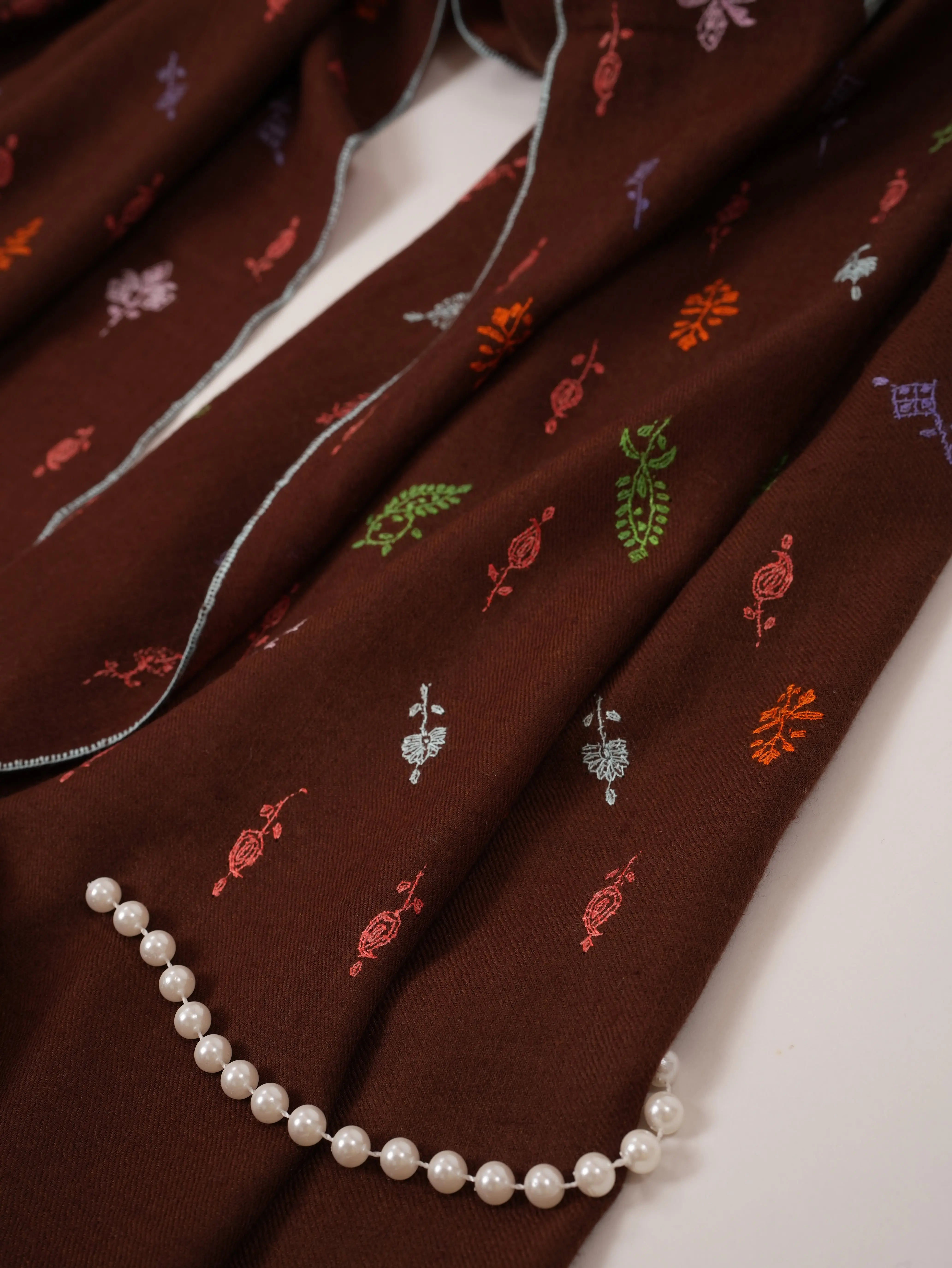 Brown Cashmere Scarf with Buteh Hand Embroidery Shahkaar.com