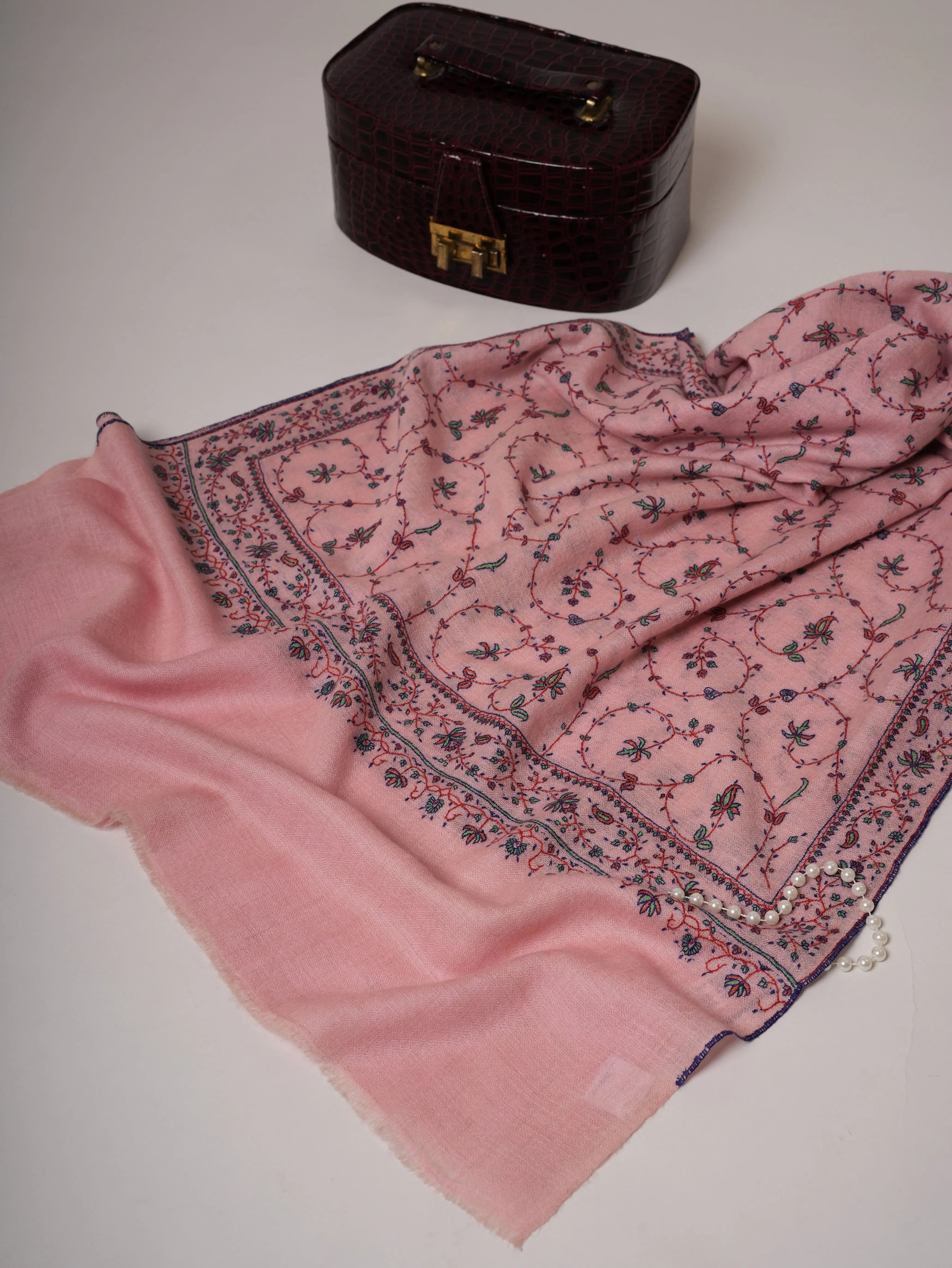 Baby Pink Soft Cashmere Scarf with Jali Hand Embroidery Shahkaar