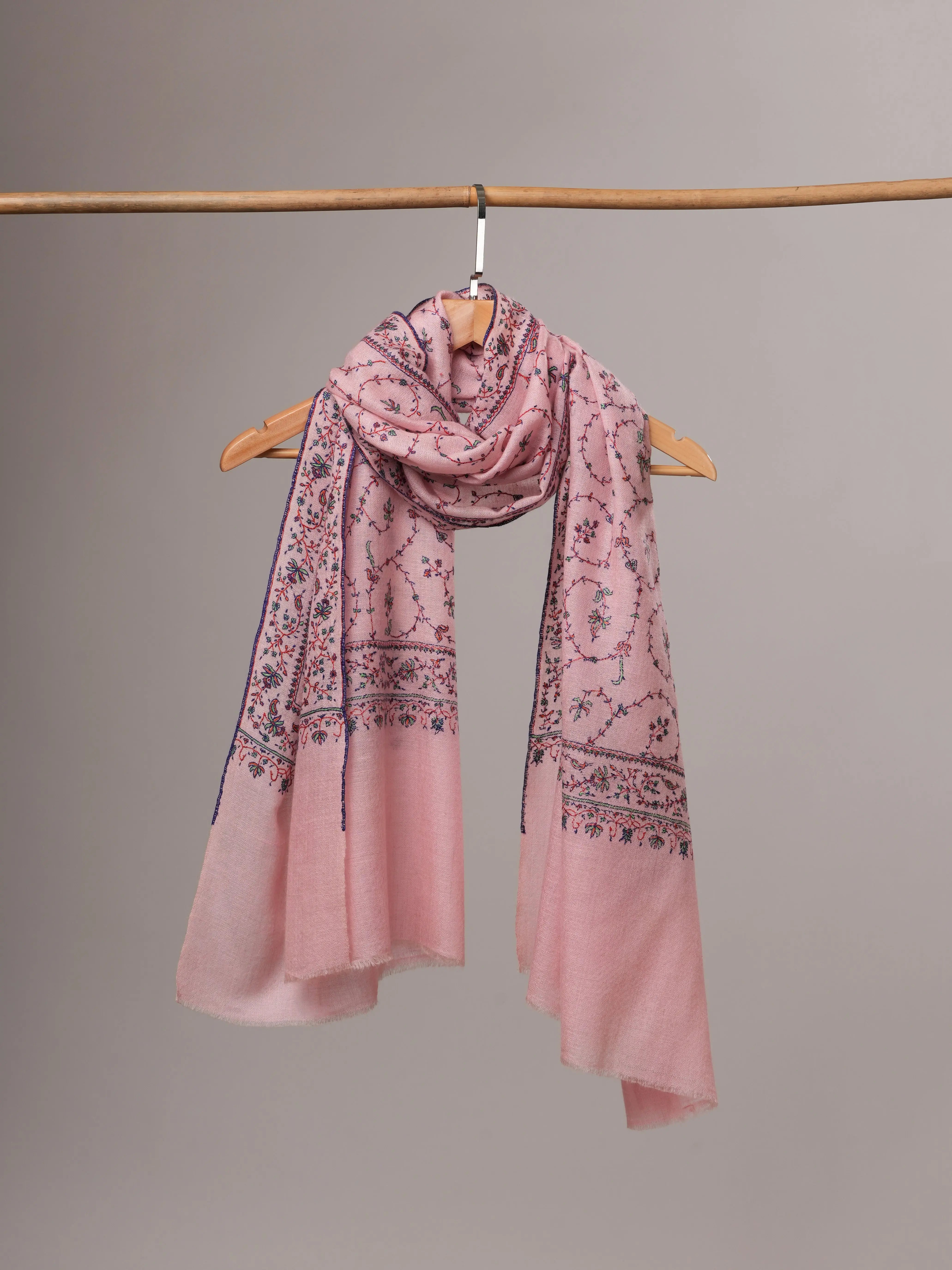 Baby Pink Soft Cashmere Scarf with Jali Hand Embroidery Shahkaar