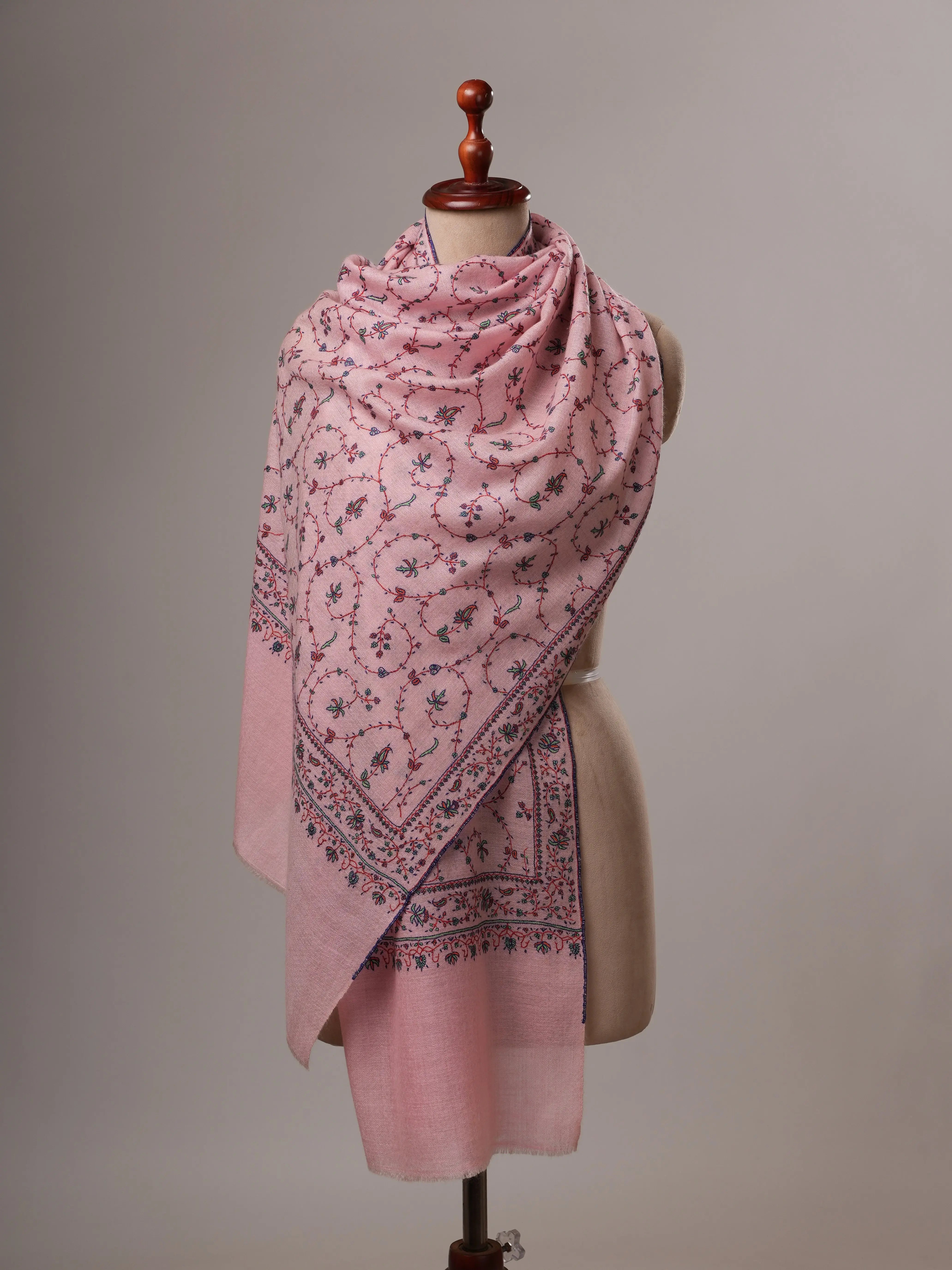 Baby Pink Soft Cashmere Scarf with Jali Hand Embroidery Shahkaar