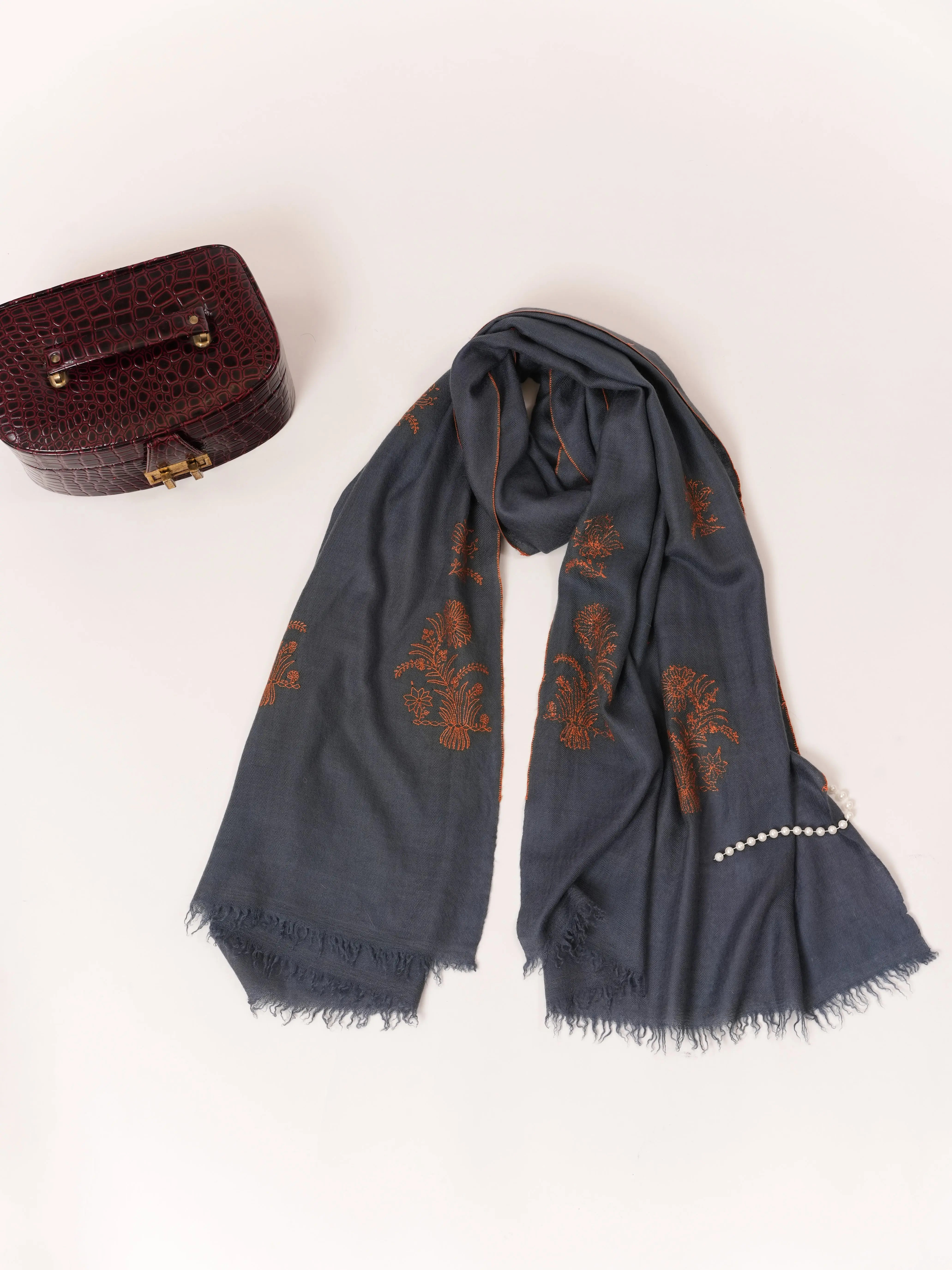 Dark Grey Handwoven Cashmere Scarf with Needlework Embroidery Shahkaar.com