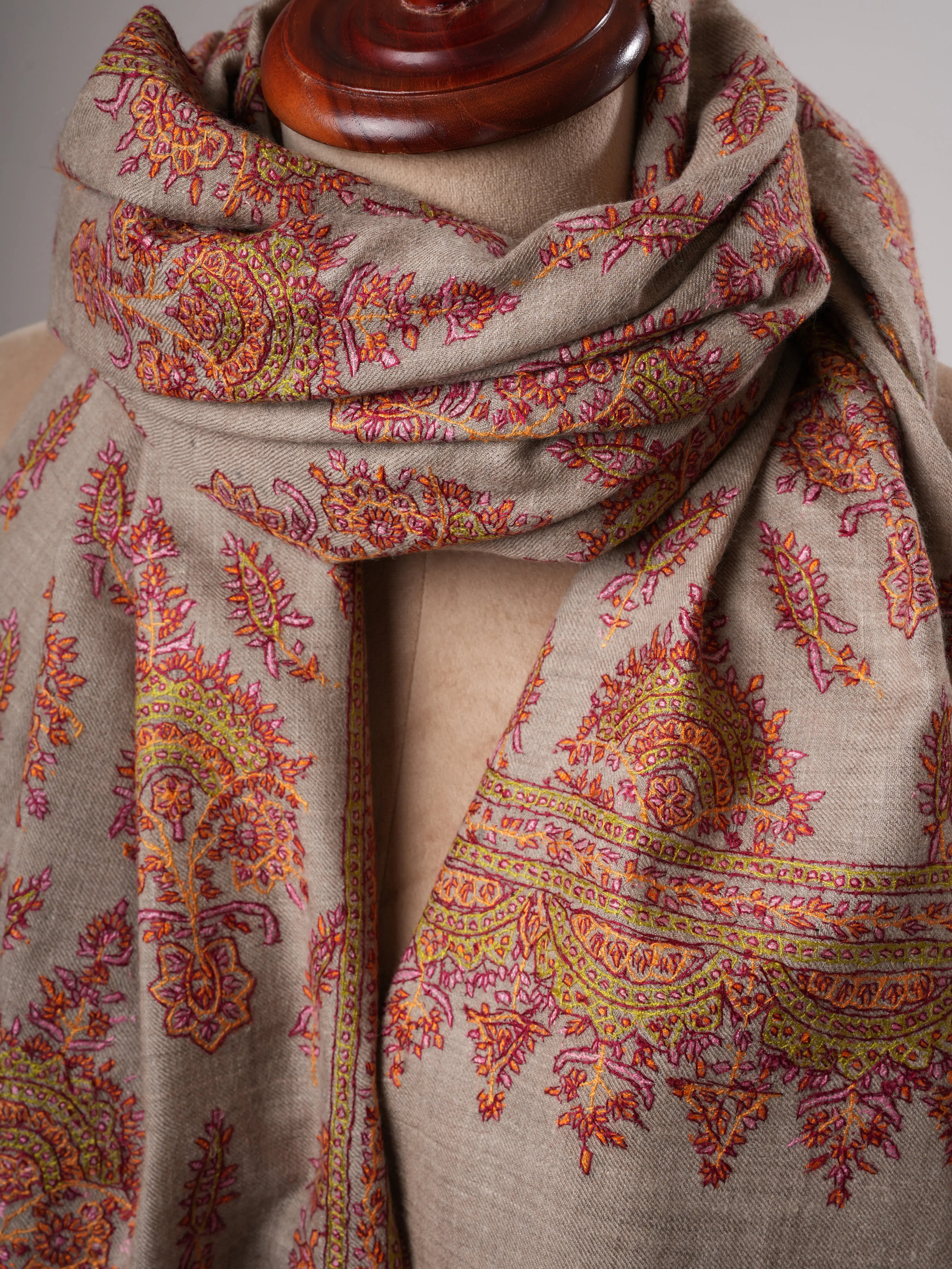 Natural Grey Kashmiri Pashmina Shawl with Classic Khakikaar Embroidery Shahkaar
