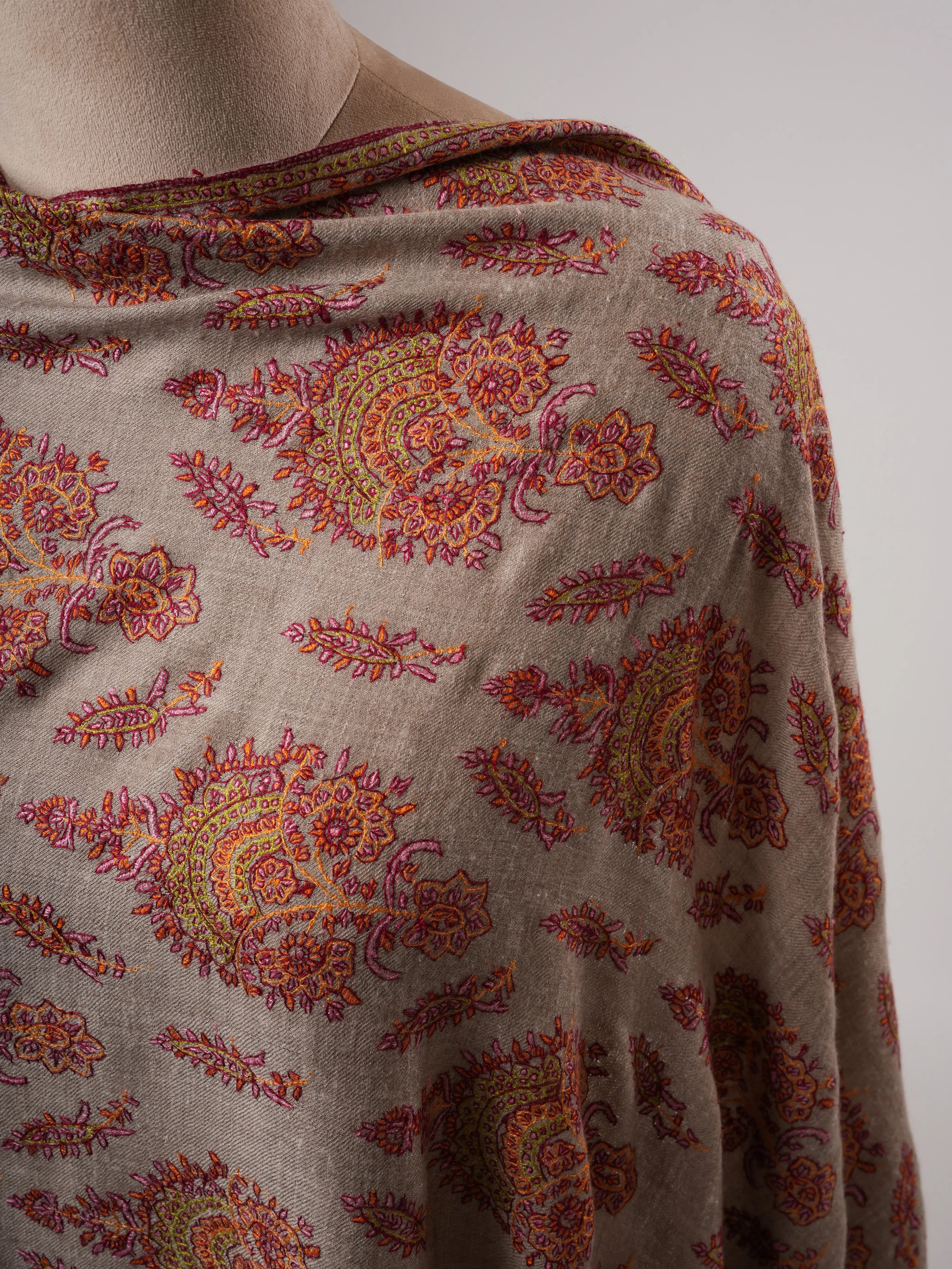 Natural Grey Kashmiri Pashmina Shawl with Classic Khakikaar Embroidery Shahkaar