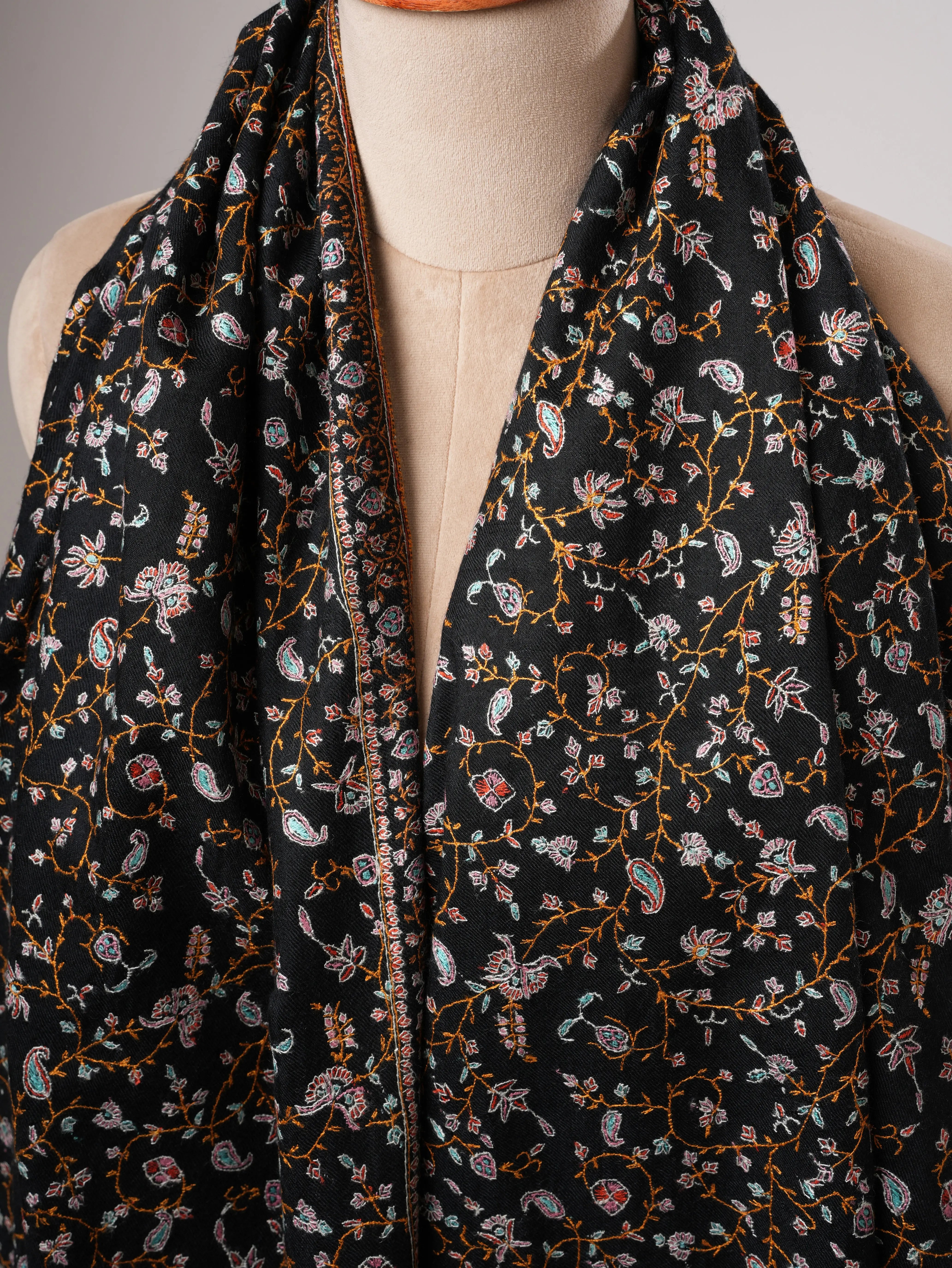 Black Pashmina Shawl with Dense Hand Embroidery Jali Shahkaar