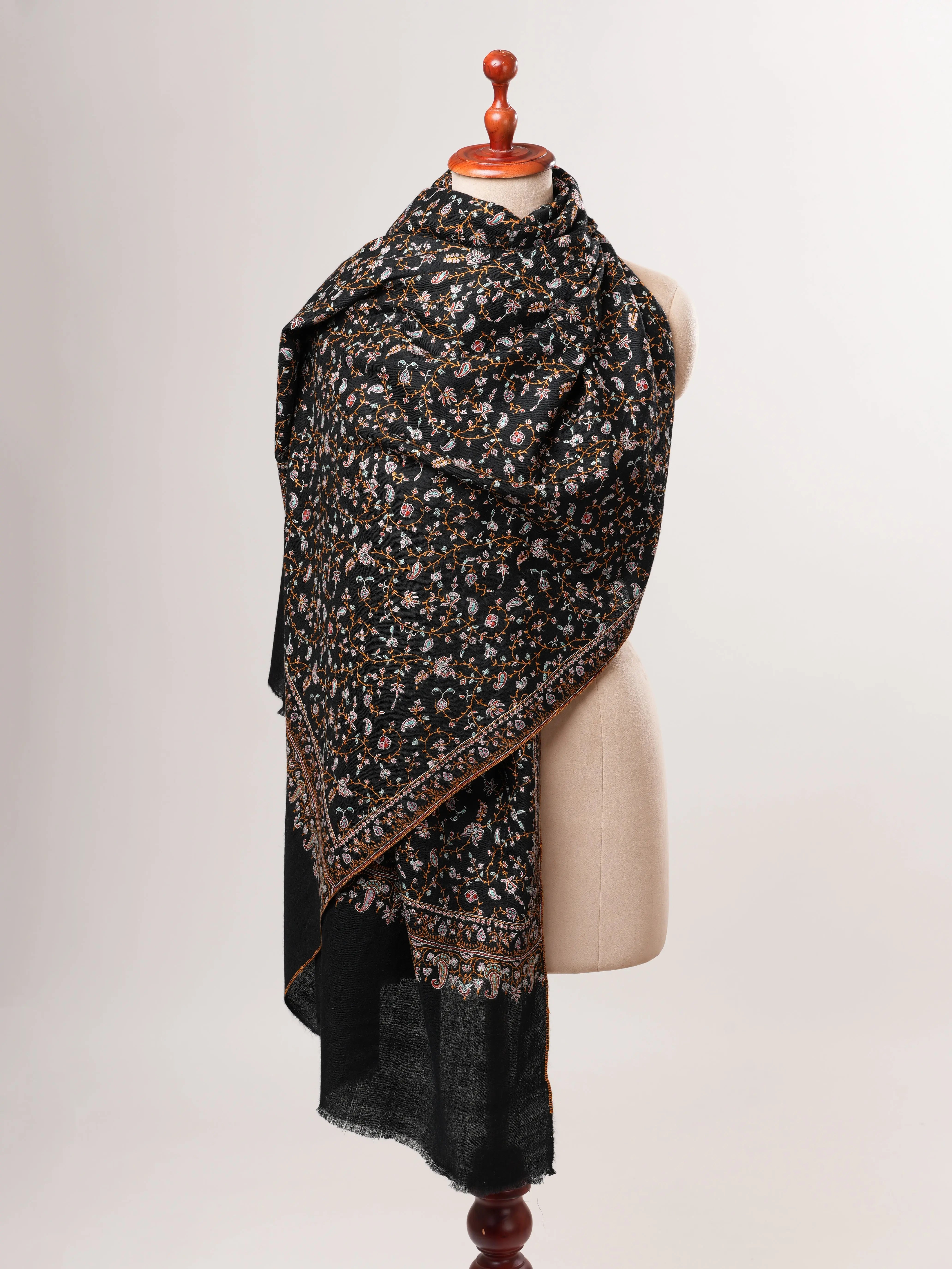 Black Pashmina Shawl with Dense Hand Embroidery Jali Shahkaar