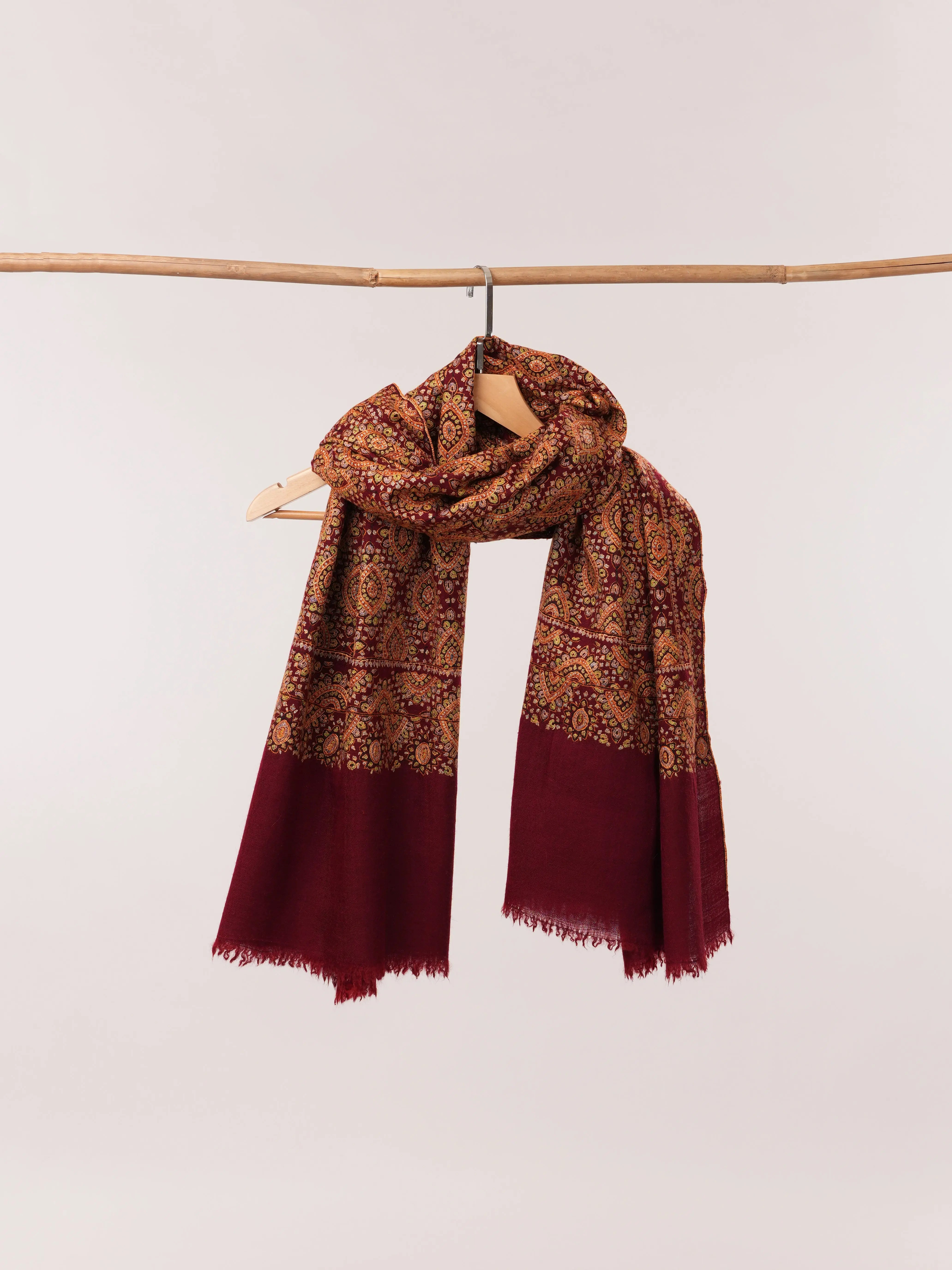 Burgundy Pure Pashmina Jamavar Shawl with Hand Sozni Embroidery Shahkaar.com