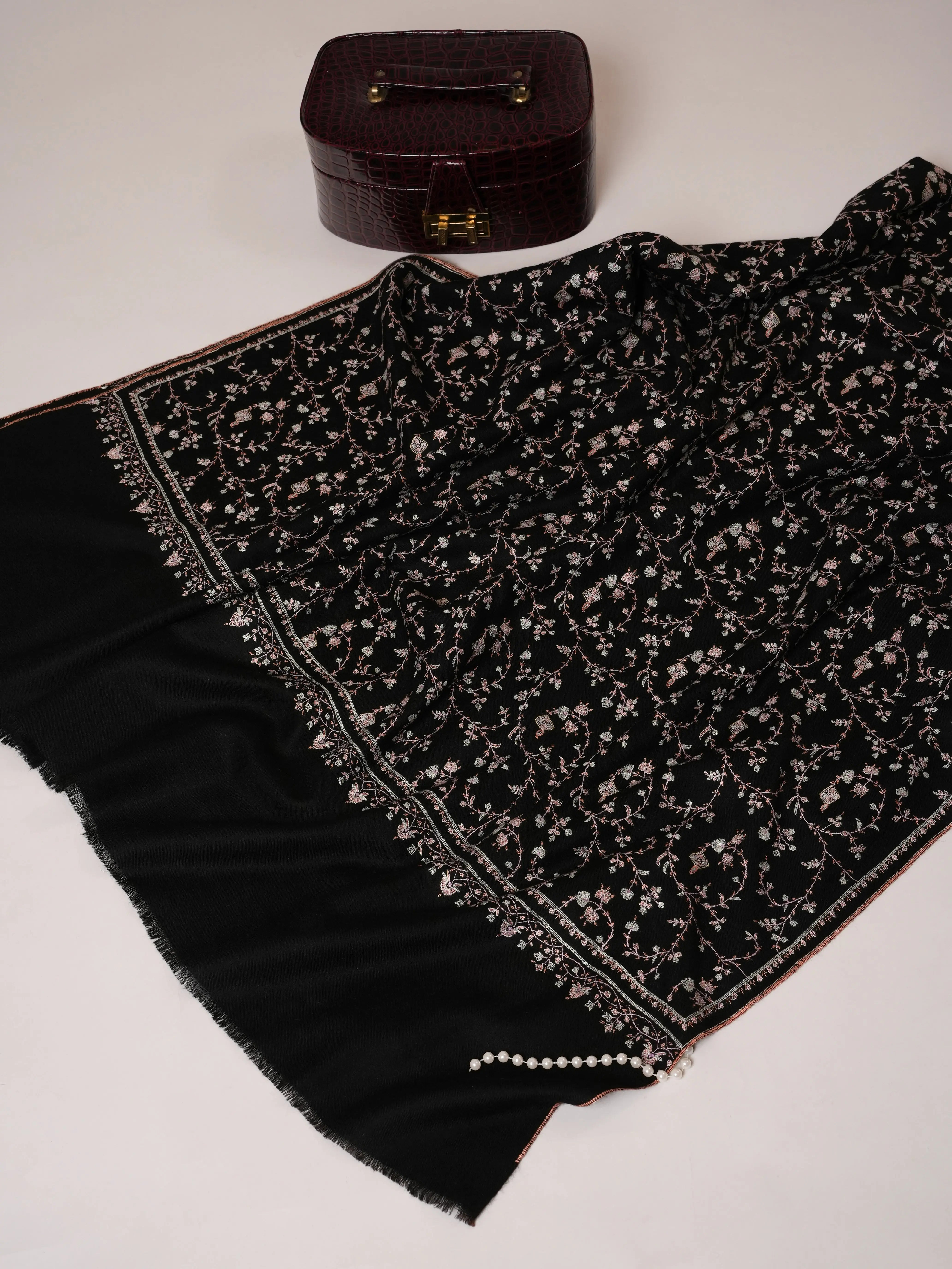 Black Handwoven Kashmiri Pashmina Shawl with Sozni Hand Embroidery Shahkaar Global