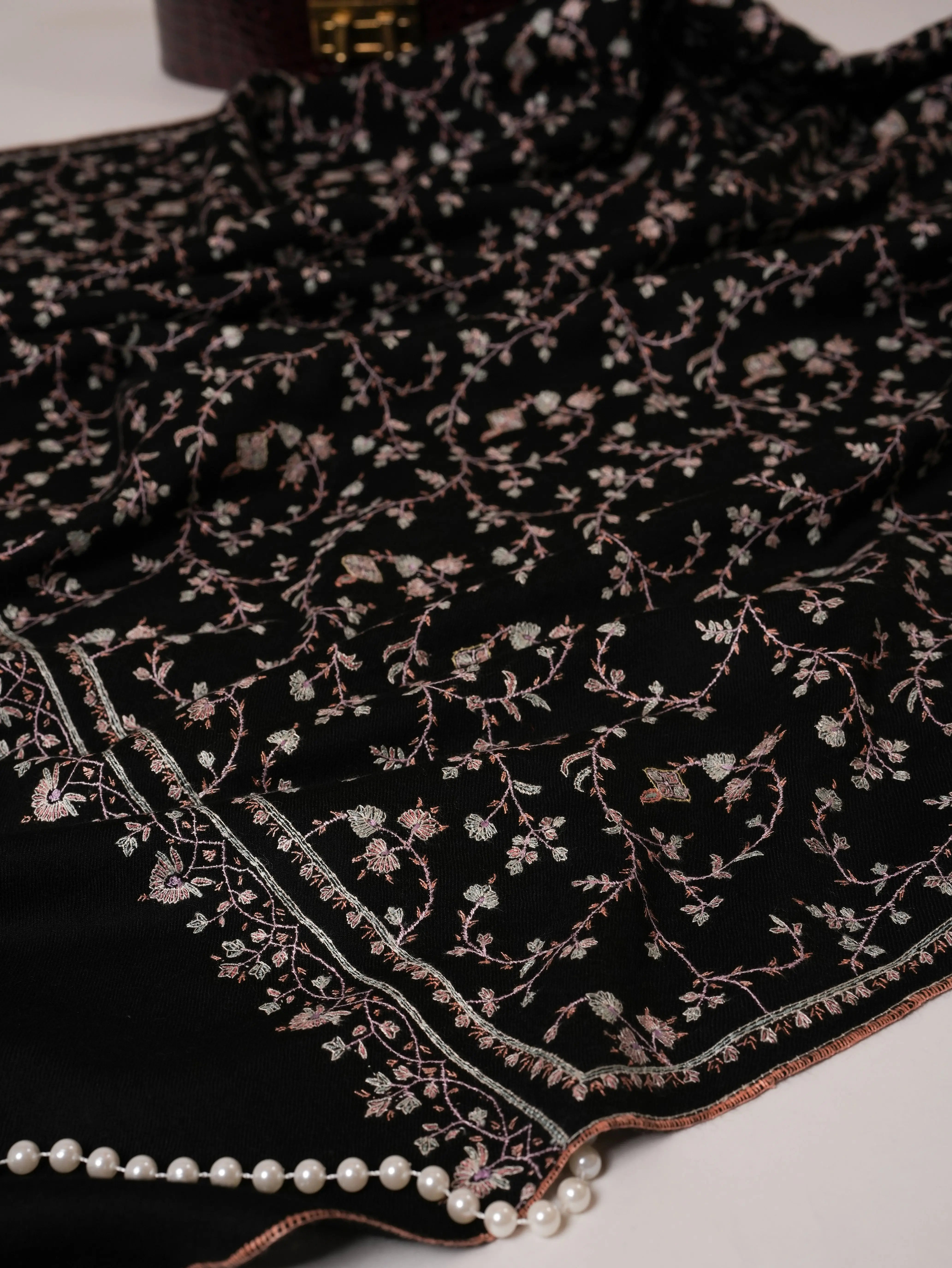 Black Handwoven Kashmiri Pashmina Shawl with Sozni Hand Embroidery Shahkaar Global